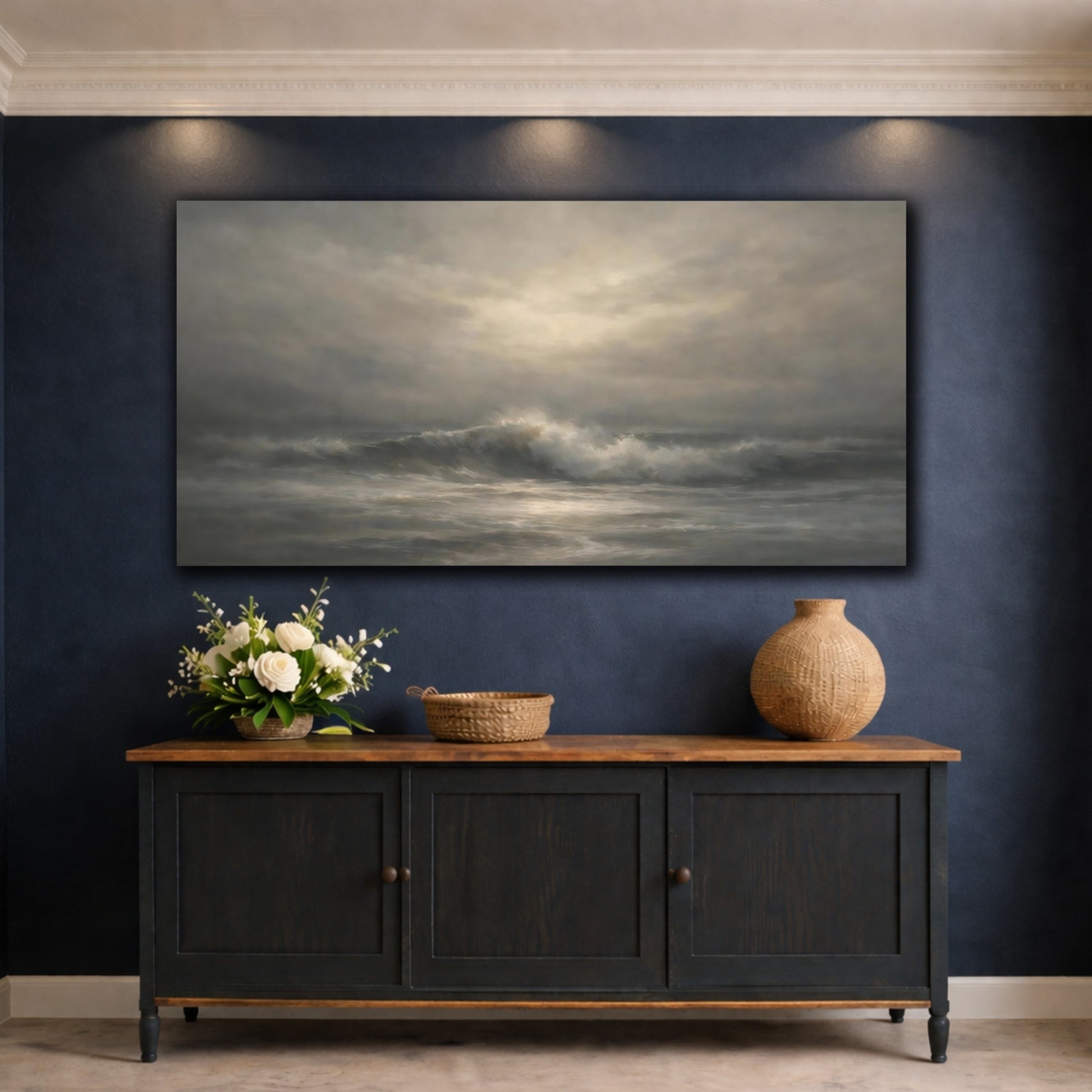 Mockup 4. Nature Ocean Waves Monochrome Ocean shown as stretched canvas wall art