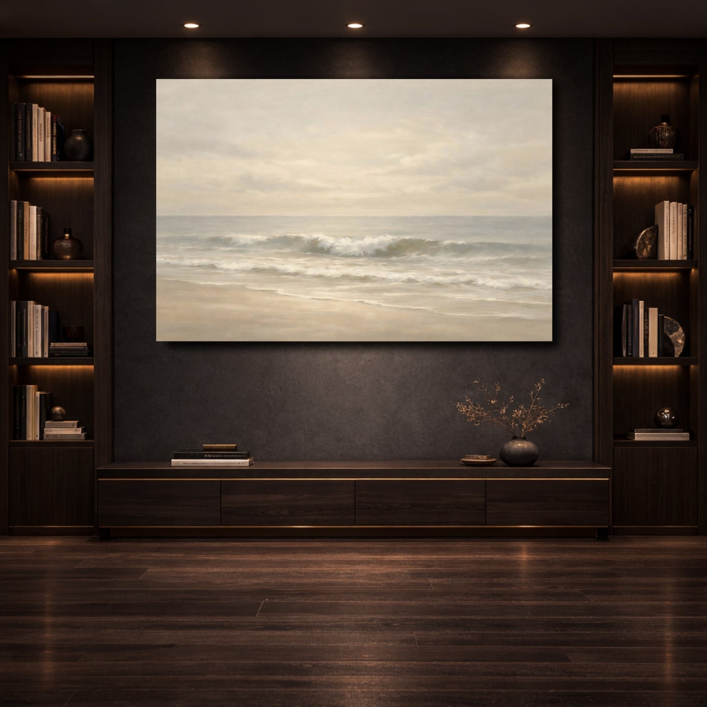 Mockup 3. Nature Ocean Waves Neutral Beach Waves shown as stretched canvas wall art