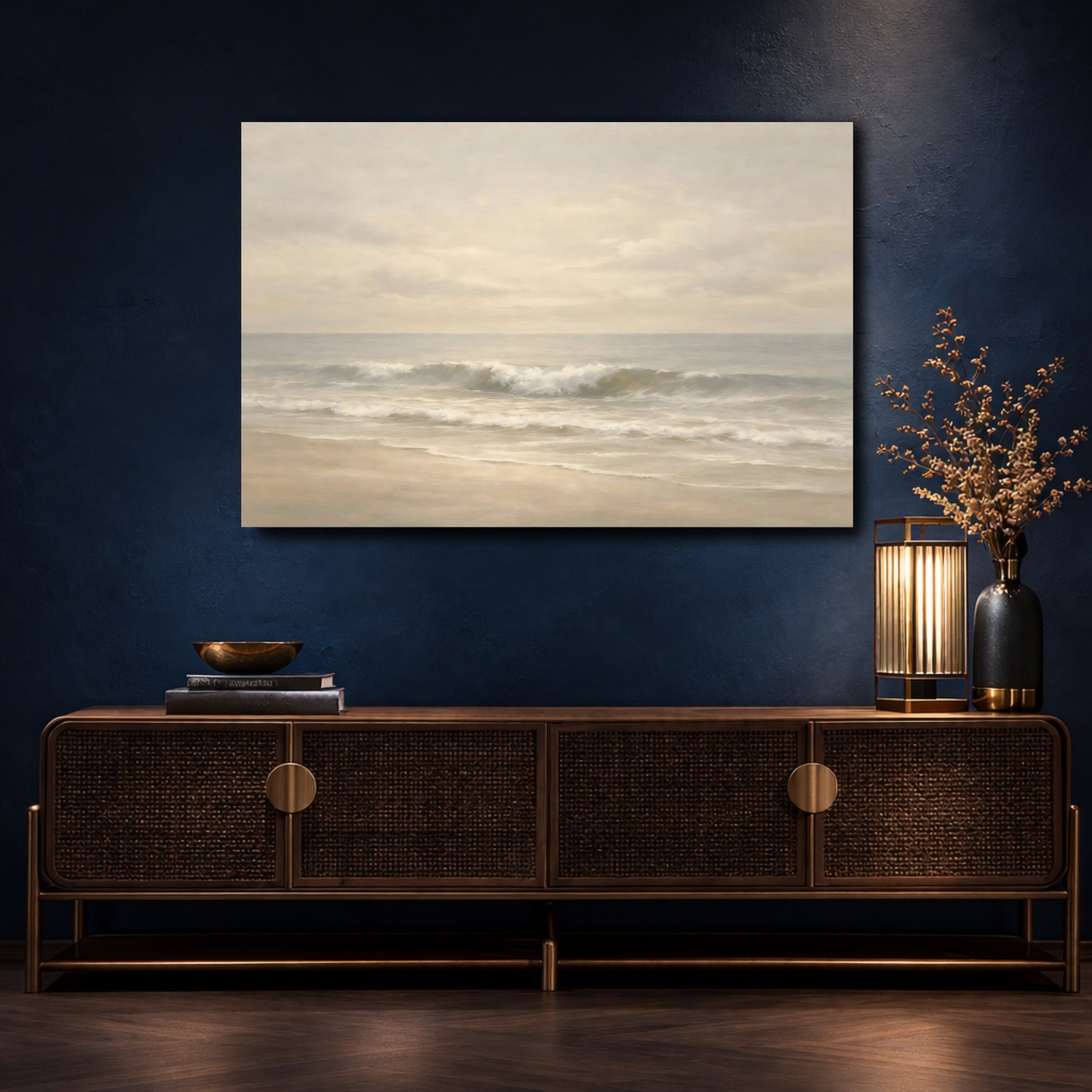 Mockup 4. Nature Ocean Waves Neutral Beach Waves shown as stretched canvas wall art