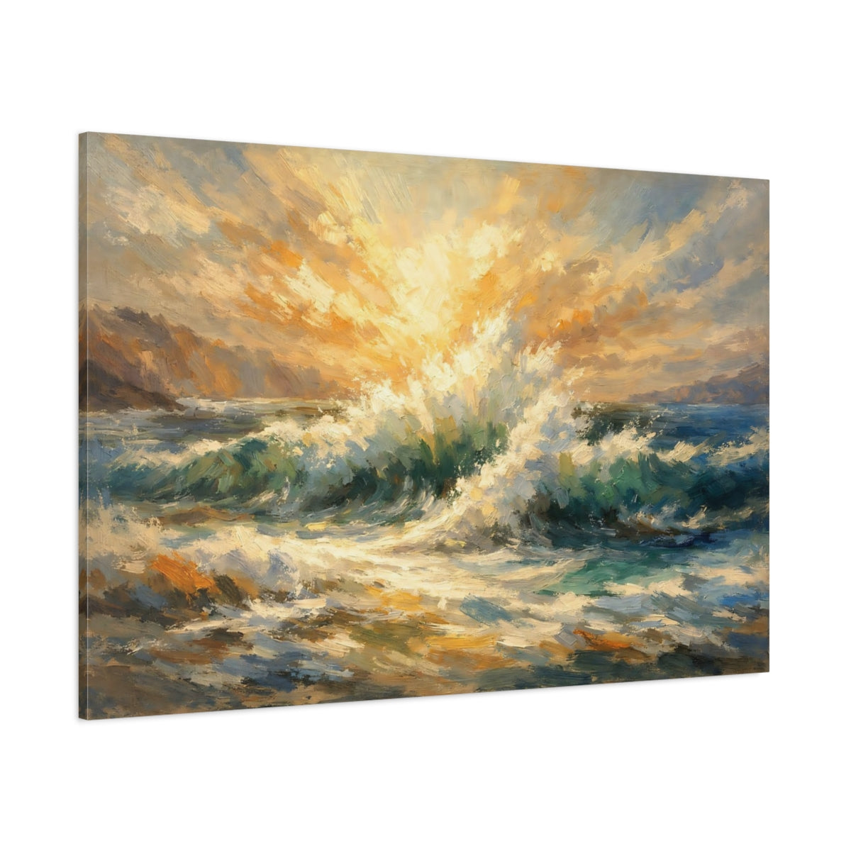 Main Mockup. Nature Ocean Waves Ocean Sunrise shown as stretched canvas wall art