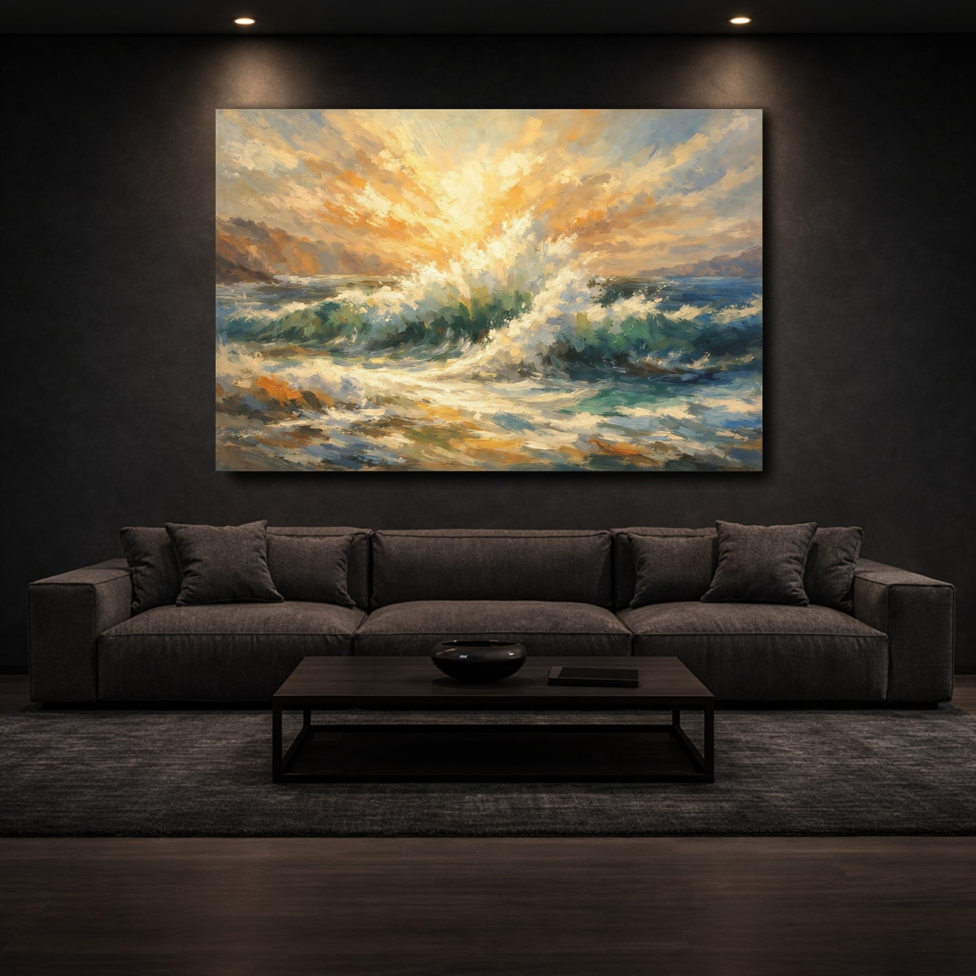 Mockup 2. Nature Ocean Waves Ocean Sunrise shown as stretched canvas wall art