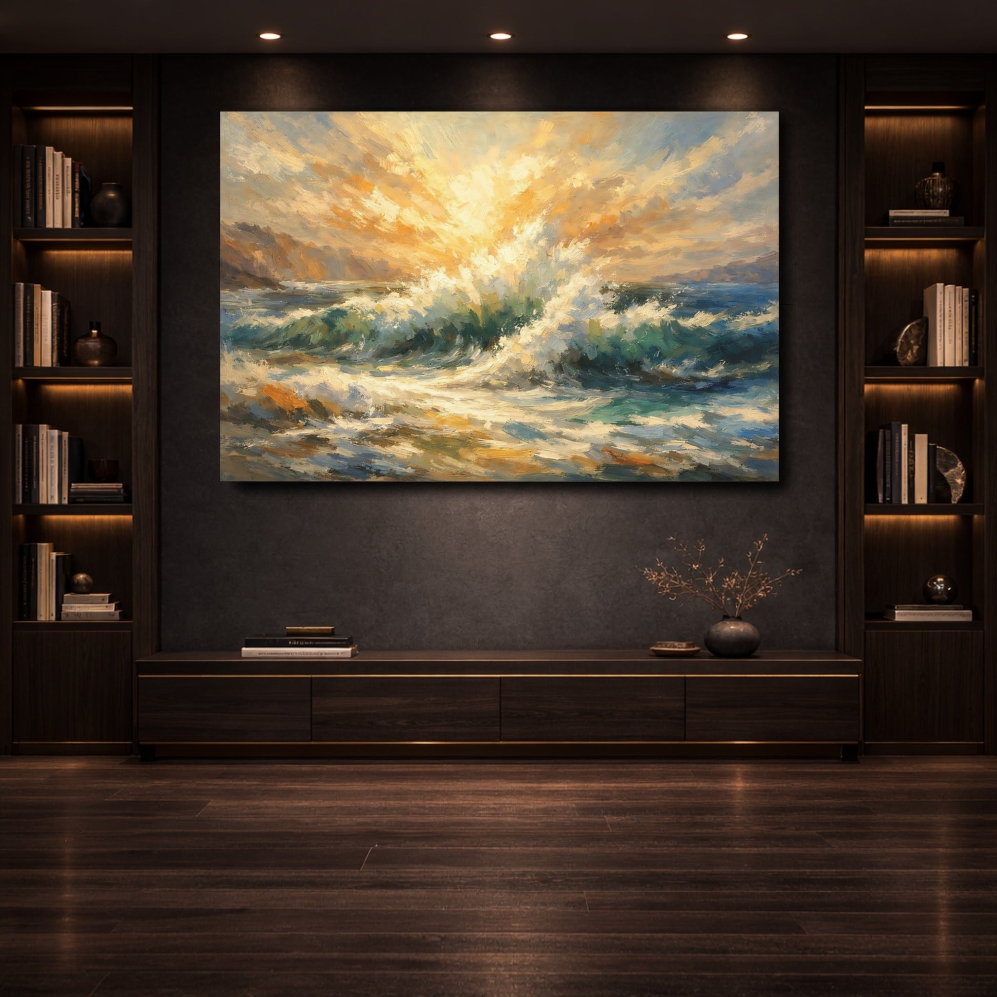 Mockup 3. Nature Ocean Waves Ocean Sunrise shown as stretched canvas wall art