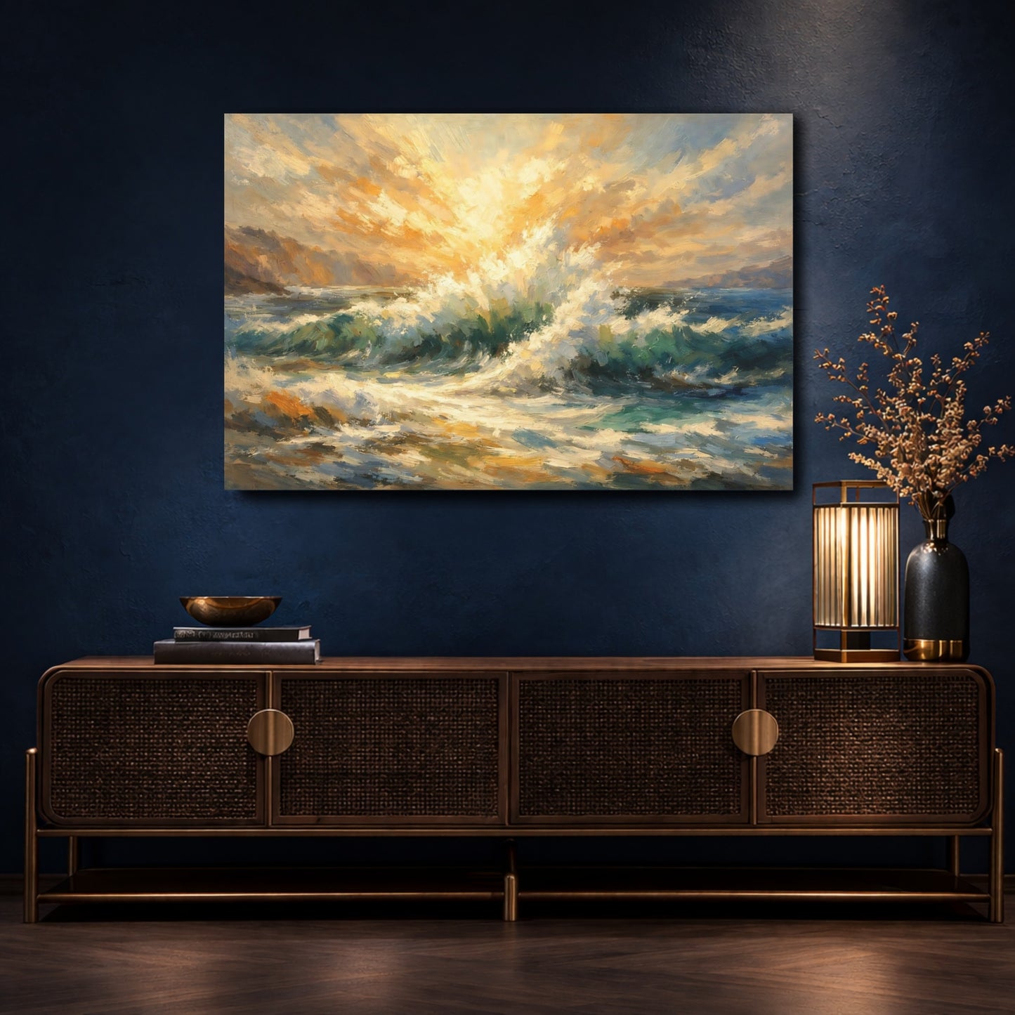 Mockup 4. Nature Ocean Waves Ocean Sunrise shown as stretched canvas wall art