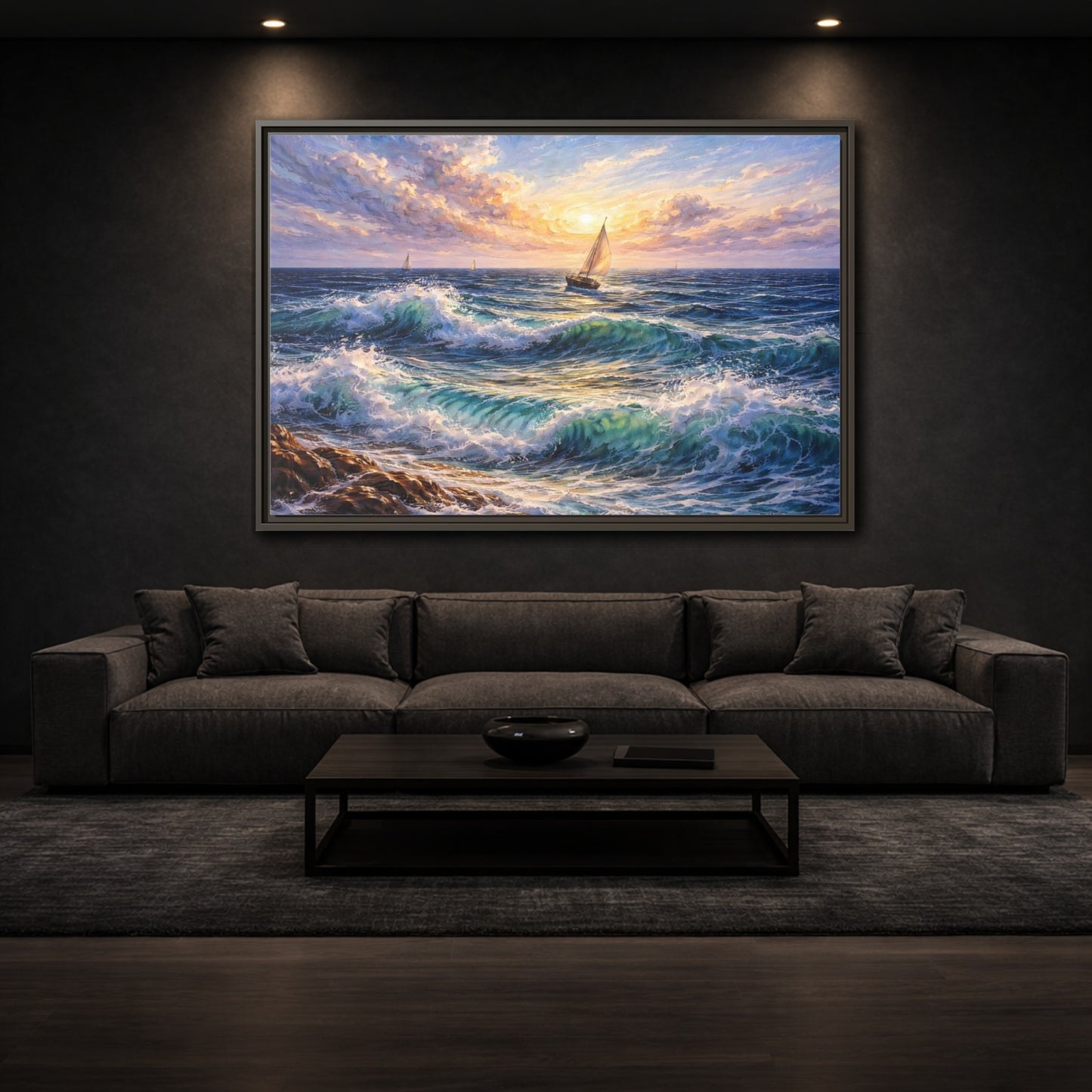 Mockup 2. Nature Ocean Waves Ocean Sunset shown as stretched canvas wall art
