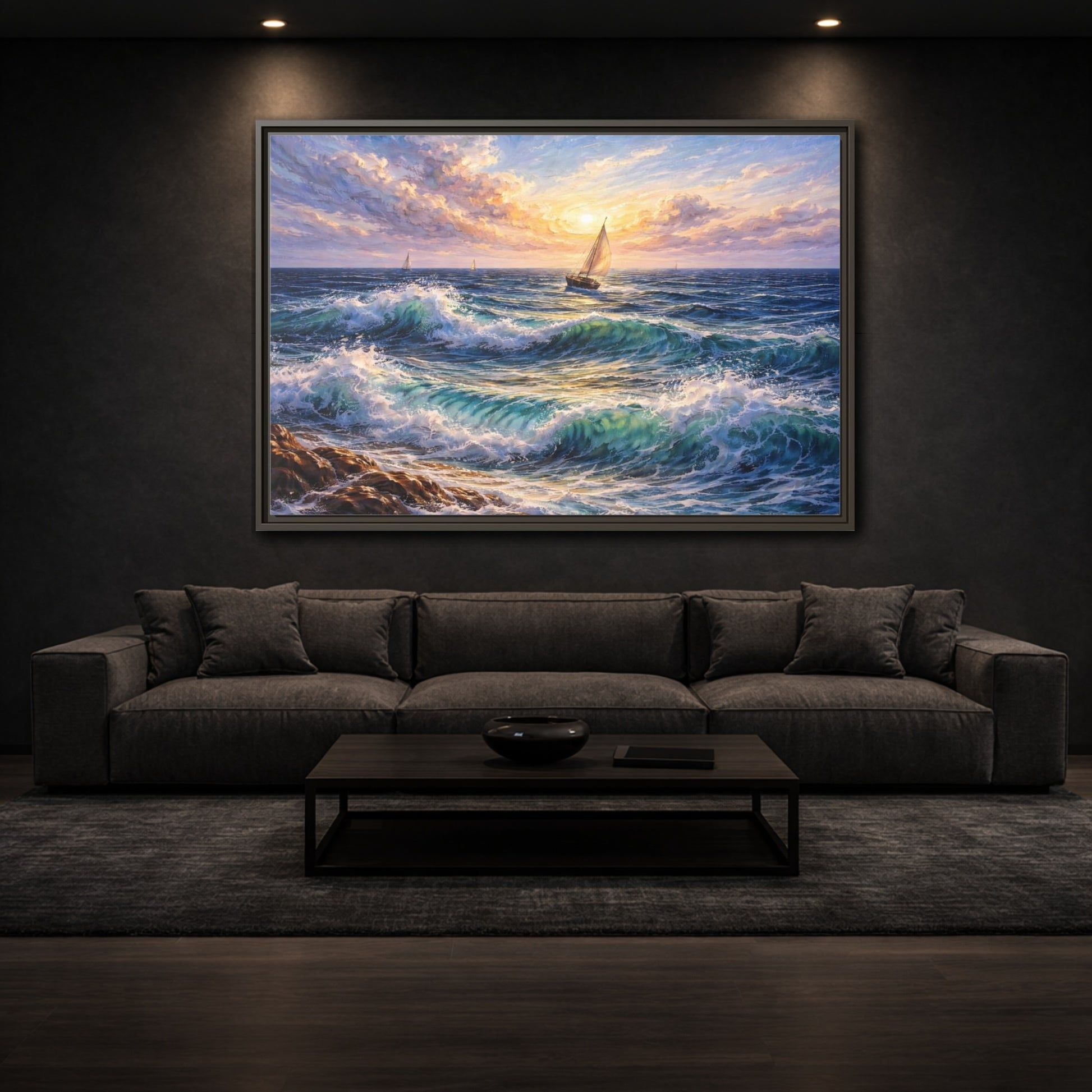 Mockup 2. Nature Ocean Waves Ocean Sunset shown as stretched canvas wall art