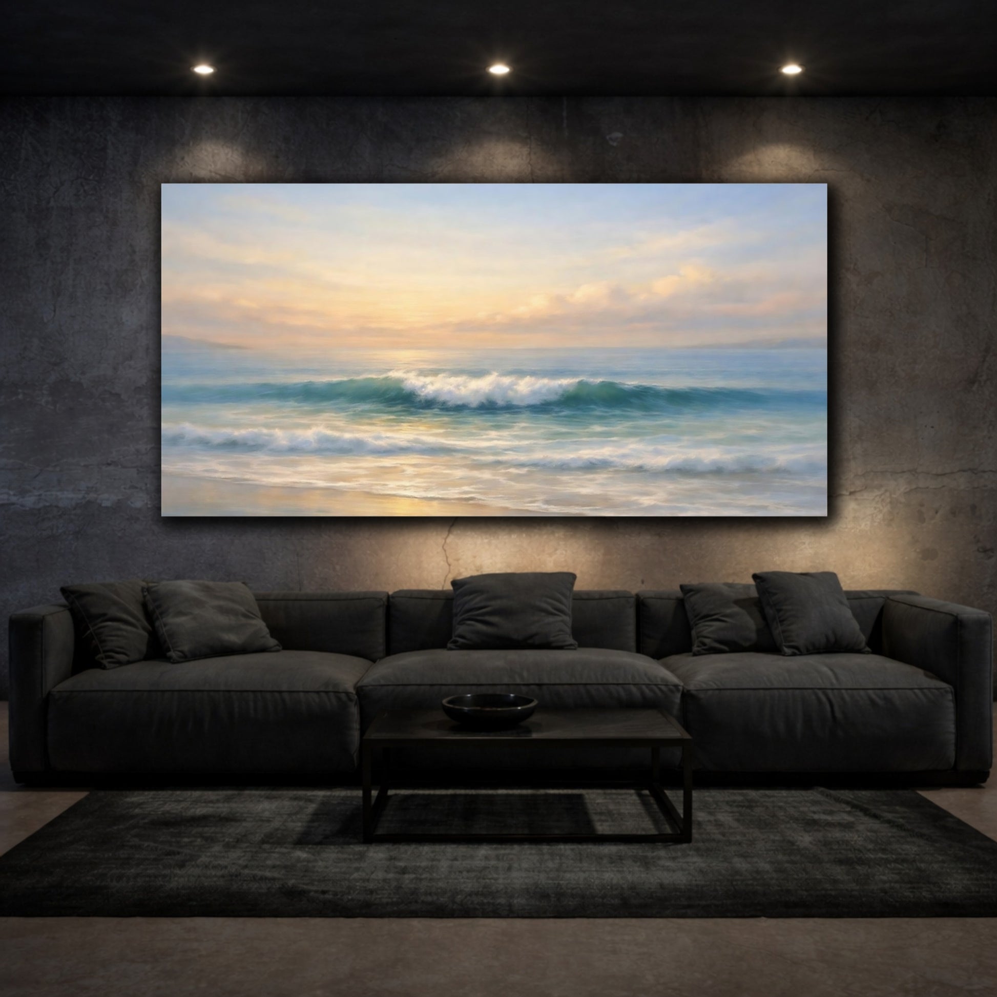 Mockup 2. Nature Ocean Waves Ocean Sunset shown as stretched canvas wall art