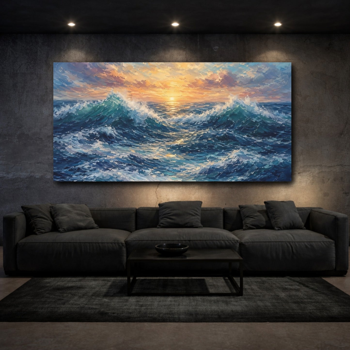 Mockup 2. Nature Ocean Waves Ocean Sunset shown as stretched canvas wall art