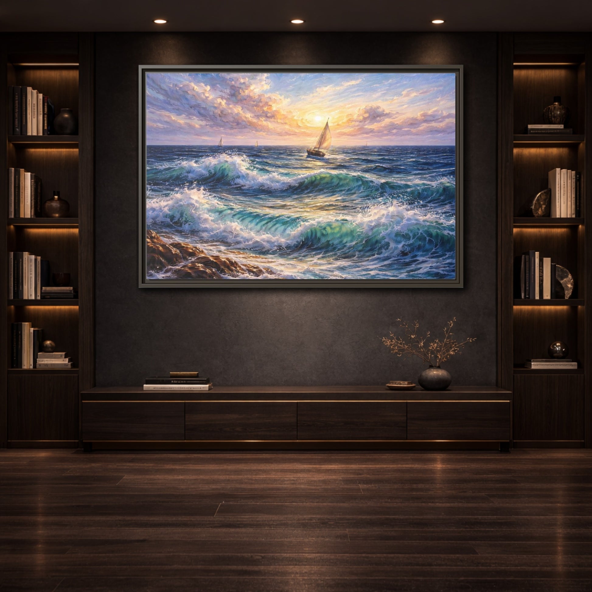 Mockup 3. Nature Ocean Waves Ocean Sunset shown as stretched canvas wall art