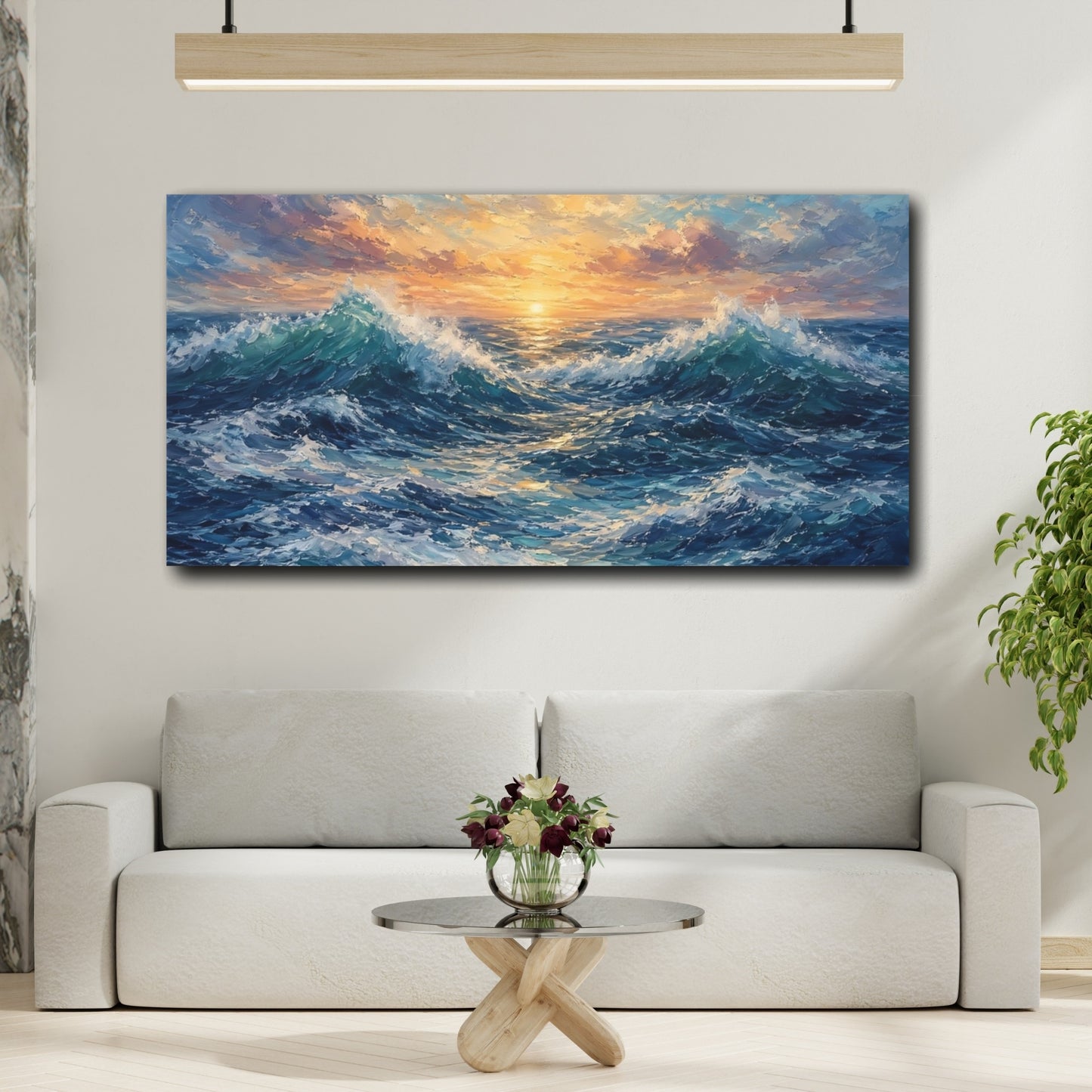 Mockup 3. Nature Ocean Waves Ocean Sunset shown as stretched canvas wall art