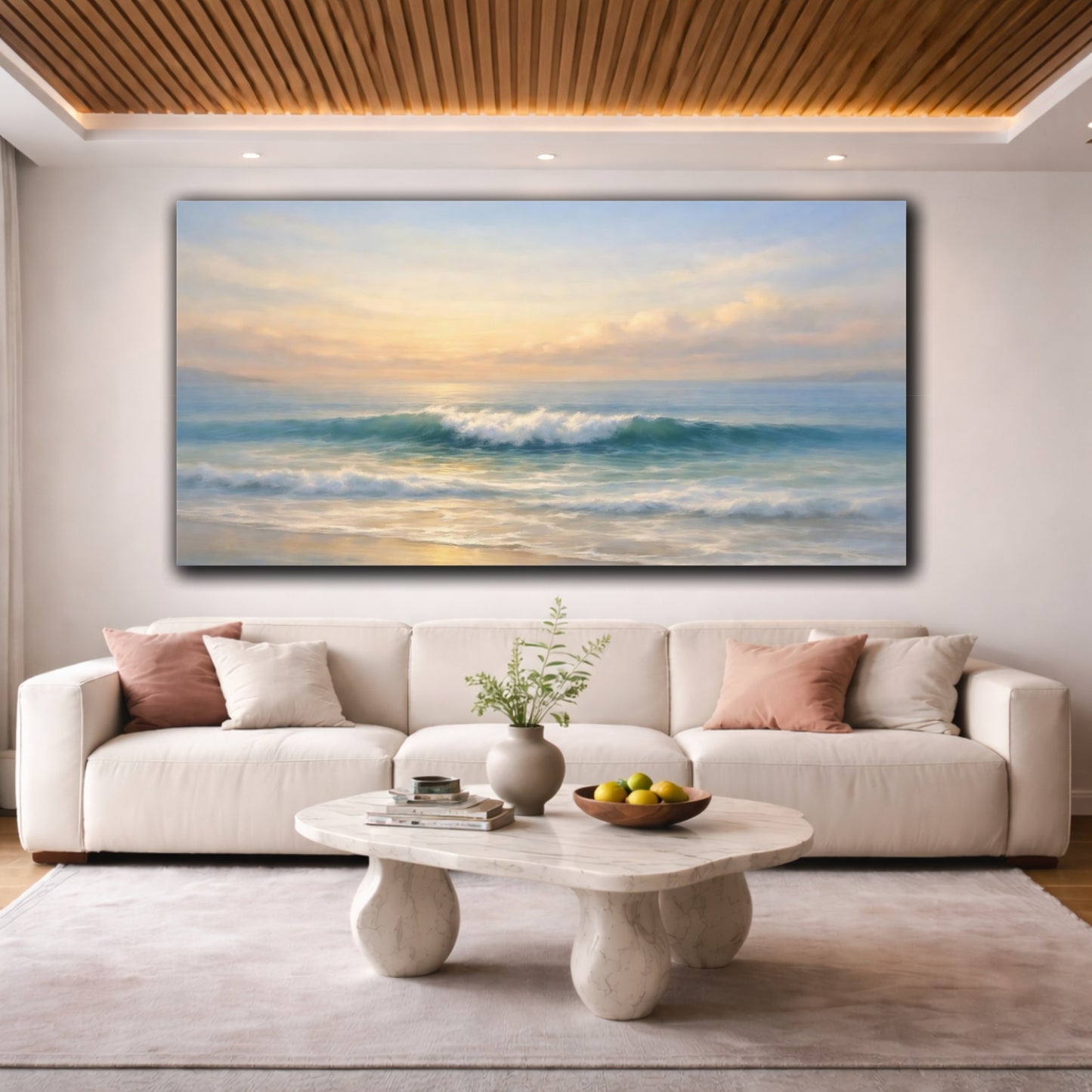 Mockup 3. Nature Ocean Waves Ocean Sunset shown as stretched canvas wall art