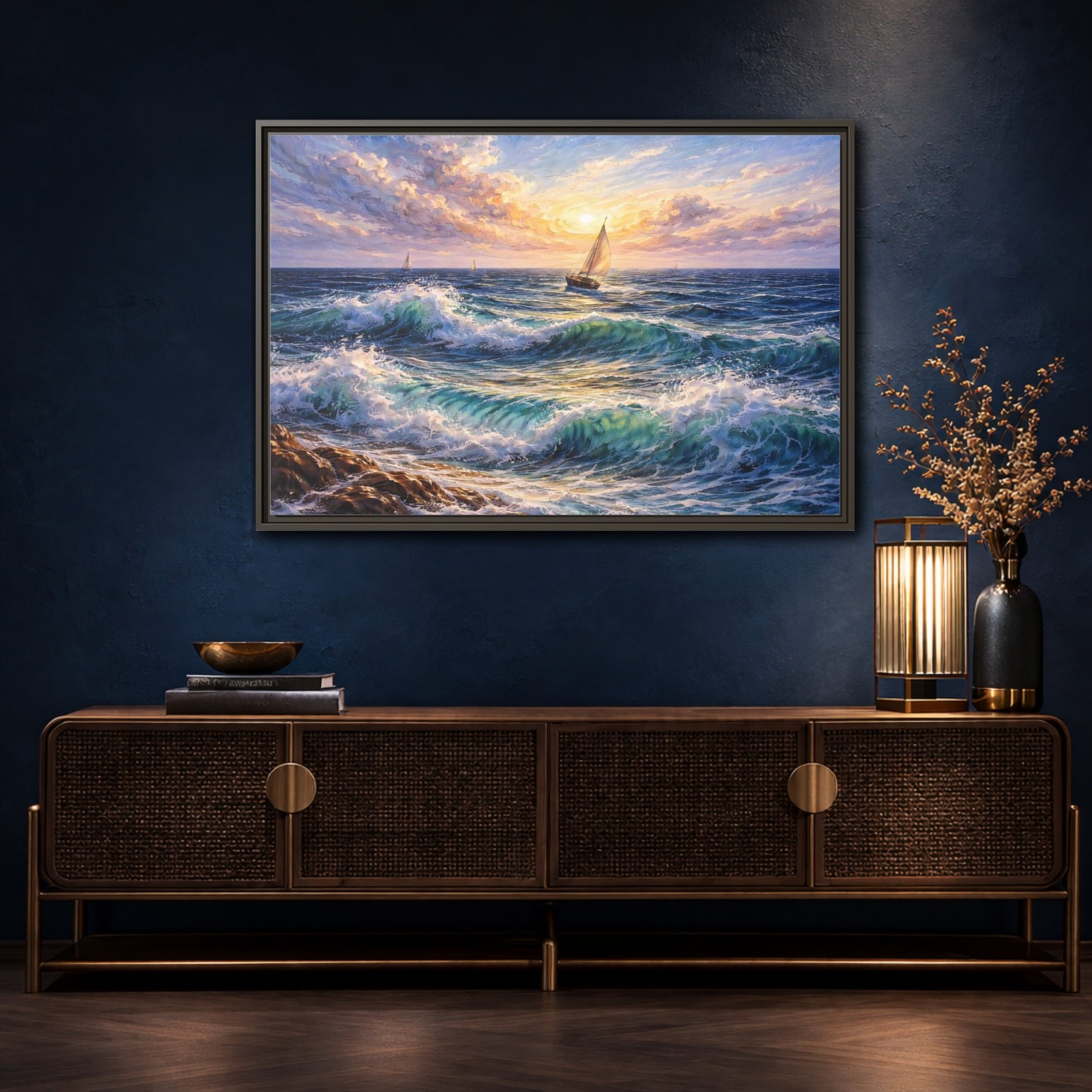 Mockup 4. Nature Ocean Waves Ocean Sunset shown as stretched canvas wall art