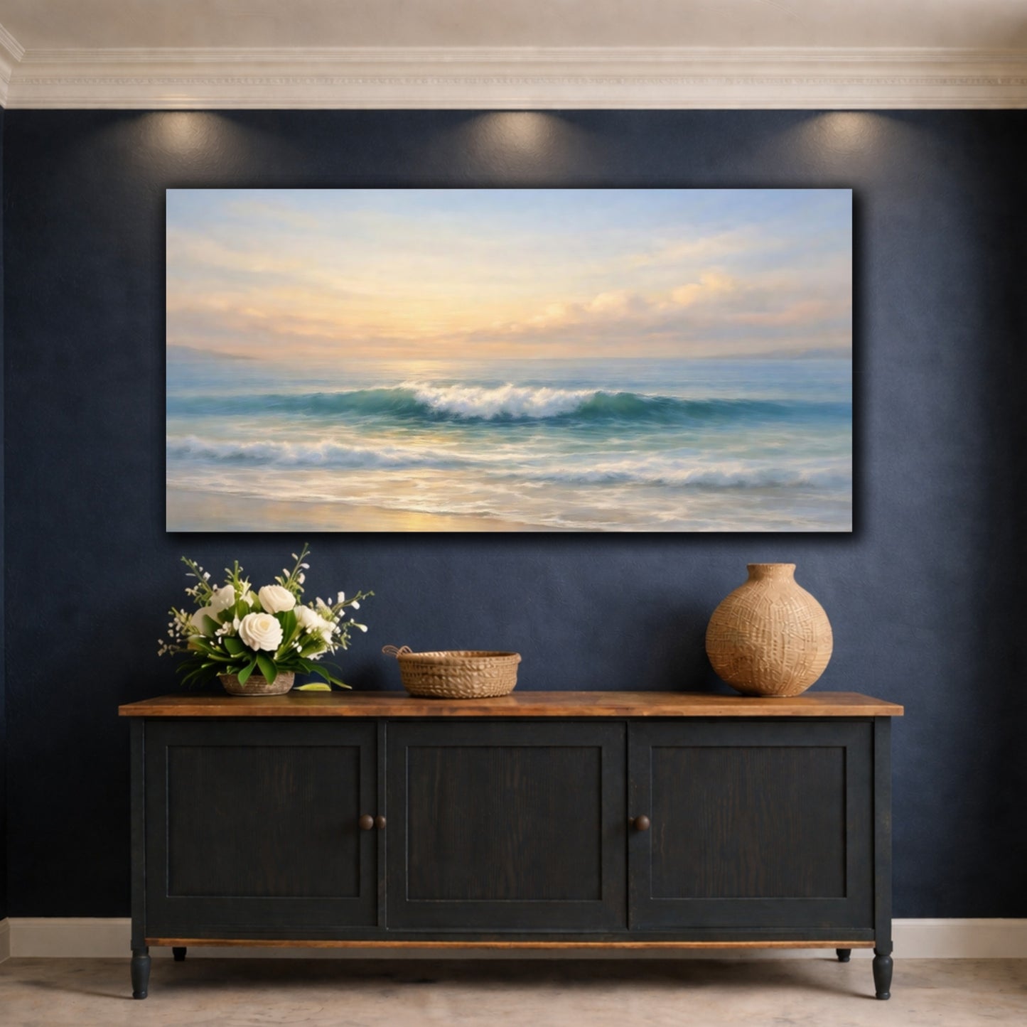 Mockup 4. Nature Ocean Waves Ocean Sunset shown as stretched canvas wall art