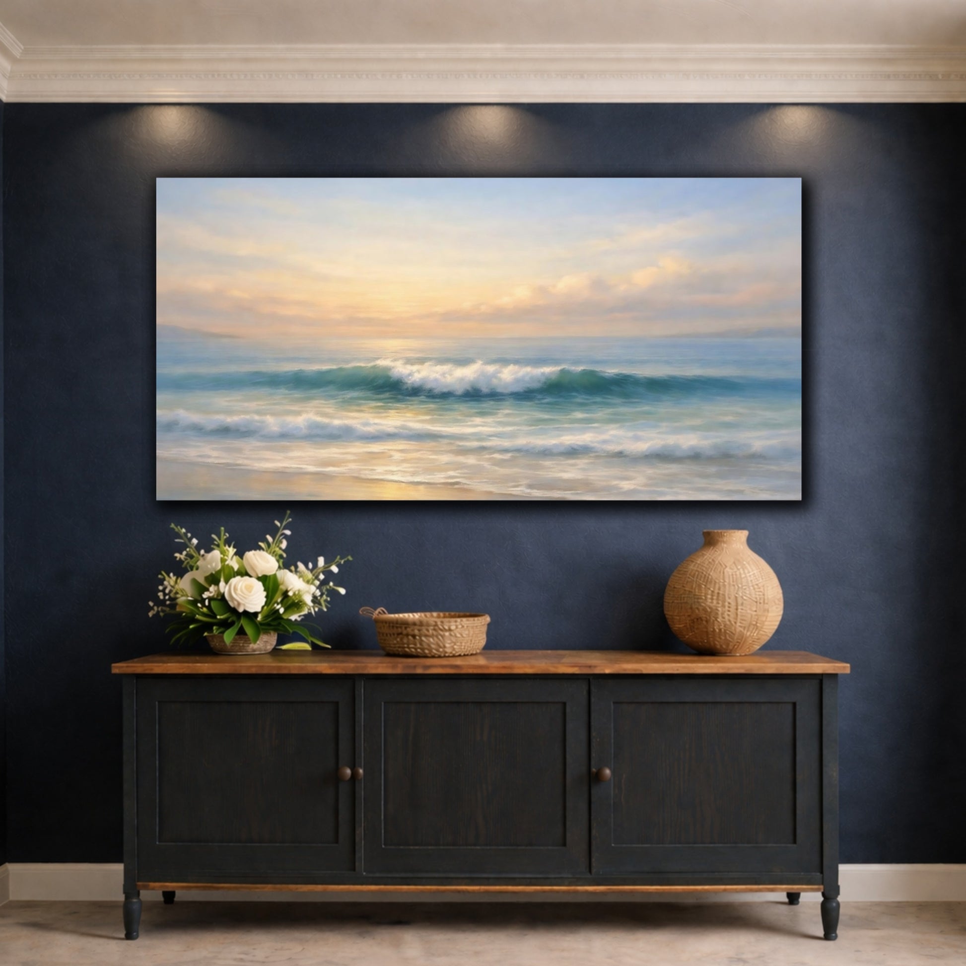 Mockup 4. Nature Ocean Waves Ocean Sunset shown as stretched canvas wall art