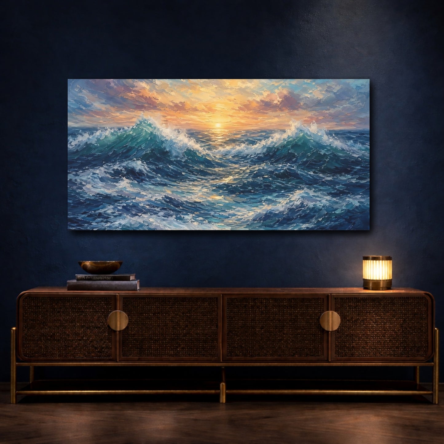 Mockup 4. Nature Ocean Waves Ocean Sunset shown as stretched canvas wall art