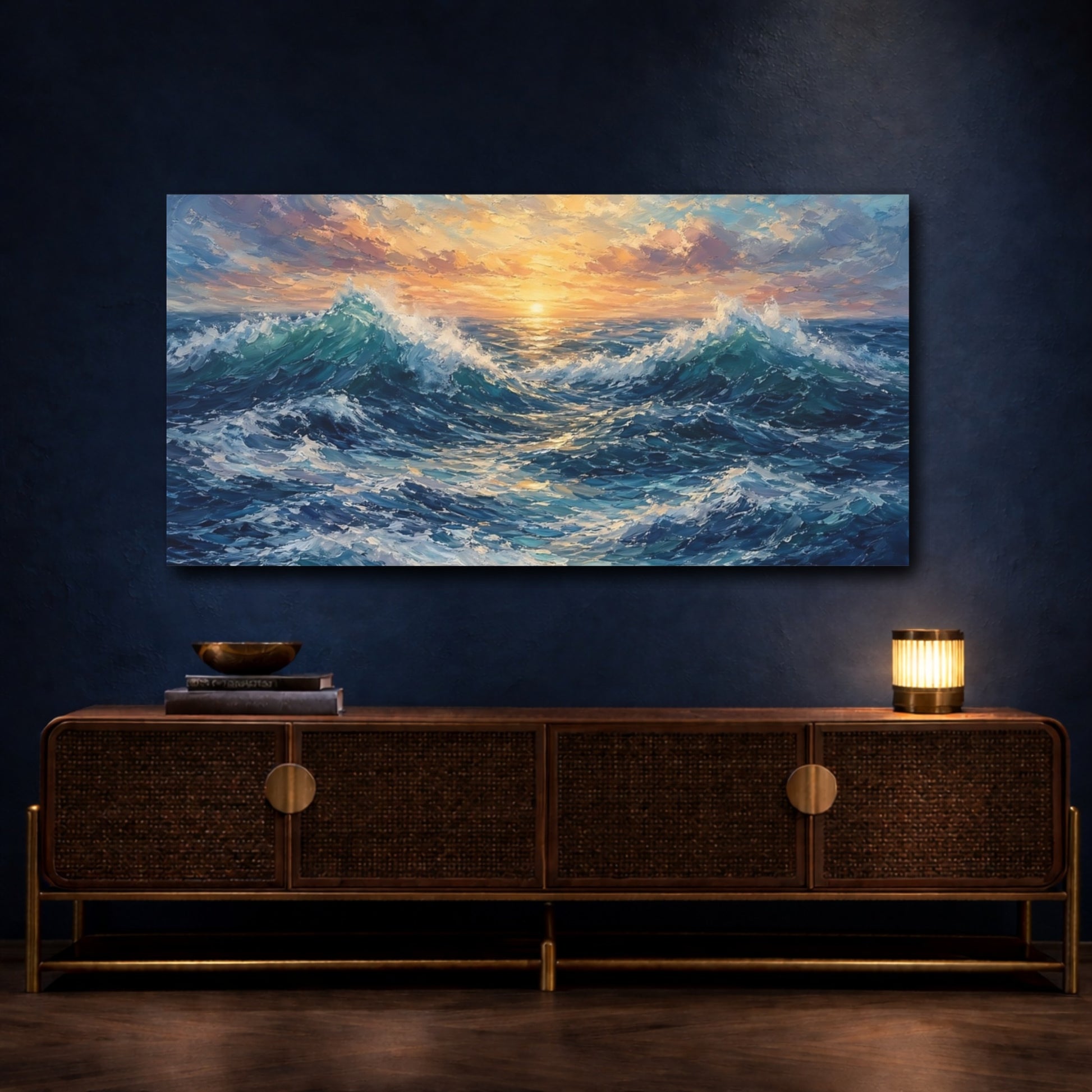Mockup 4. Nature Ocean Waves Ocean Sunset shown as stretched canvas wall art