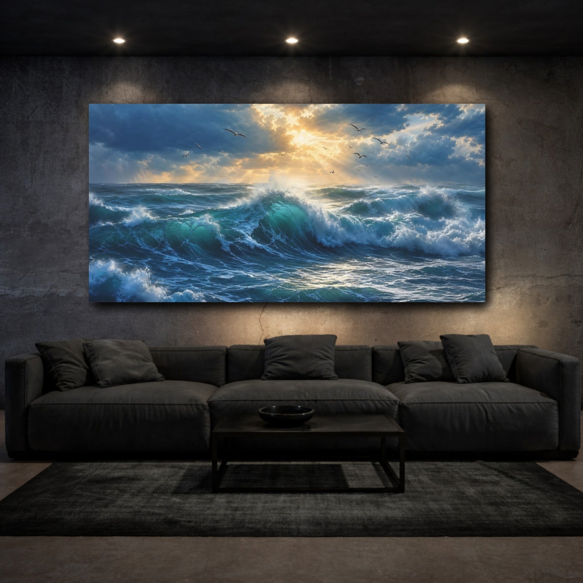 Mockup 2. Nature Ocean Waves Ocean Sunset Waves shown as stretched canvas wall art