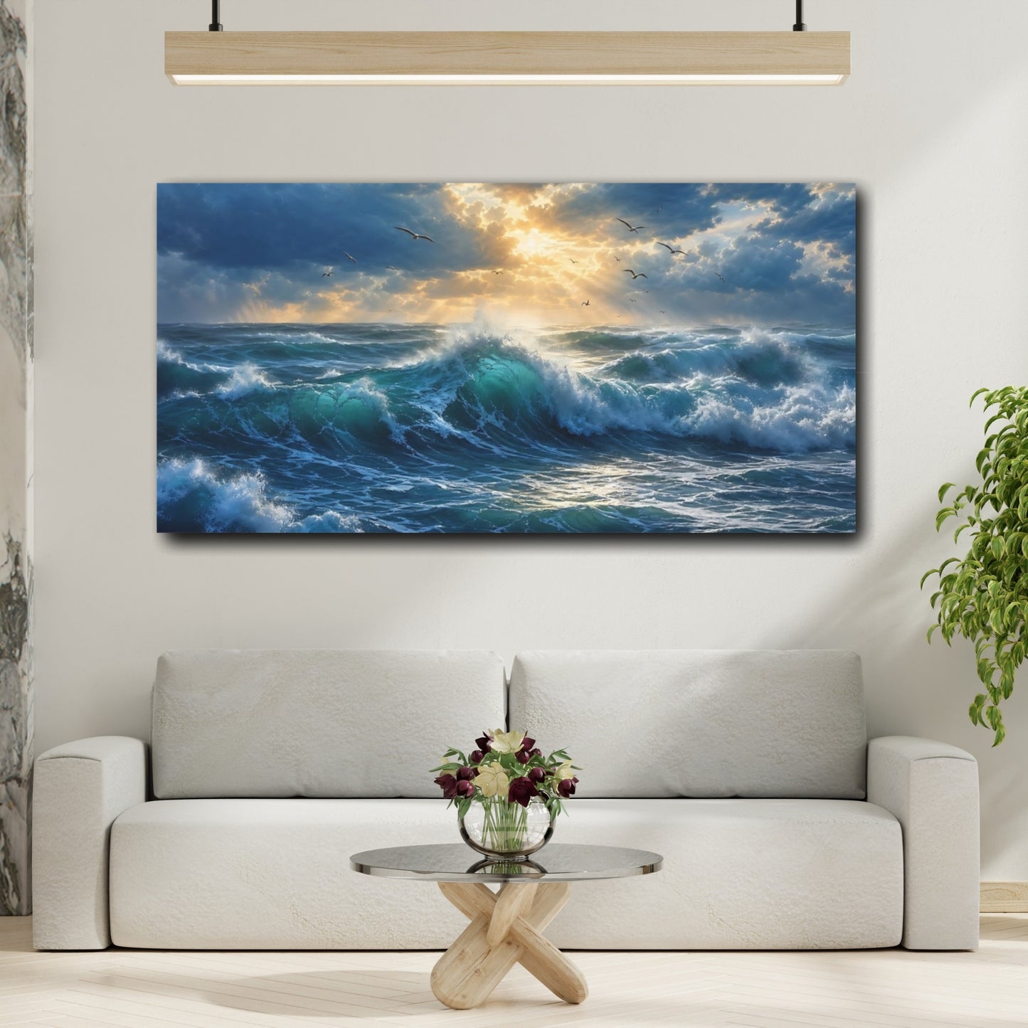 Mockup 3. Nature Ocean Waves Ocean Sunset Waves shown as stretched canvas wall art