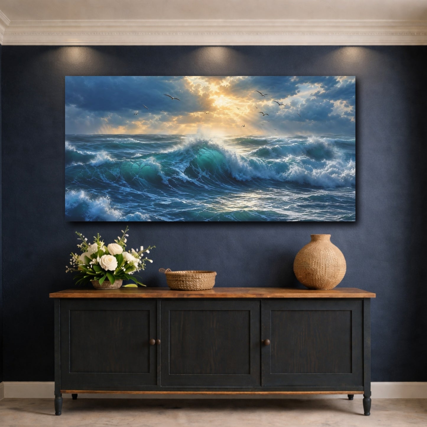 Mockup 4. Nature Ocean Waves Ocean Sunset Waves shown as stretched canvas wall art