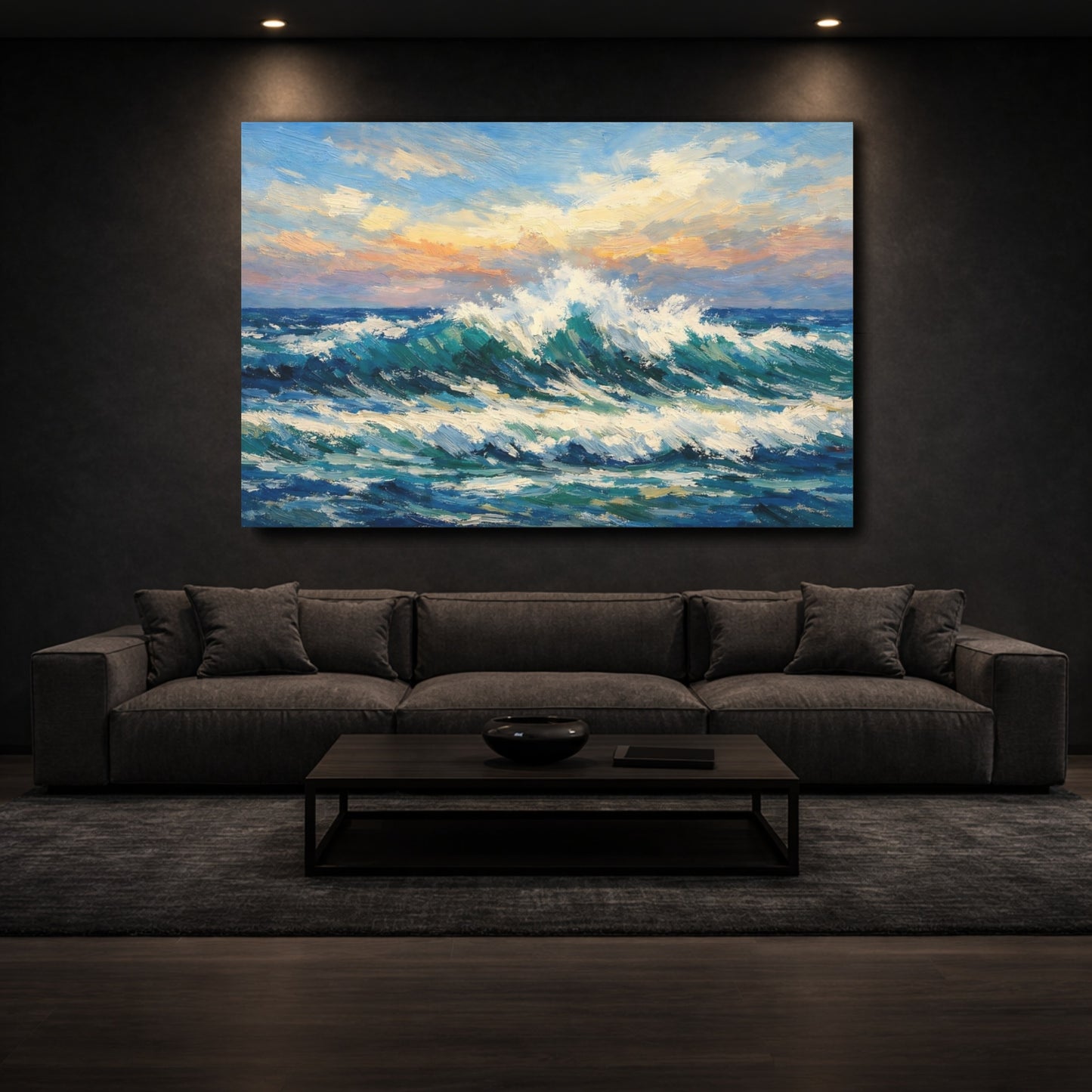 Mockup 2. Nature Ocean Waves Ocean Wave Sunset shown as stretched canvas wall art