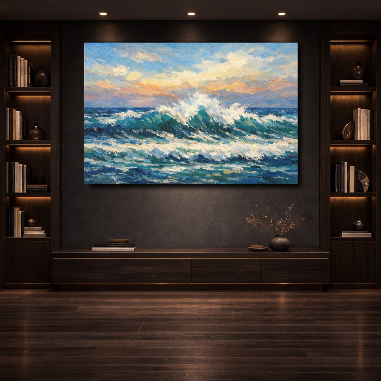 Mockup 3. Nature Ocean Waves Ocean Wave Sunset shown as stretched canvas wall art