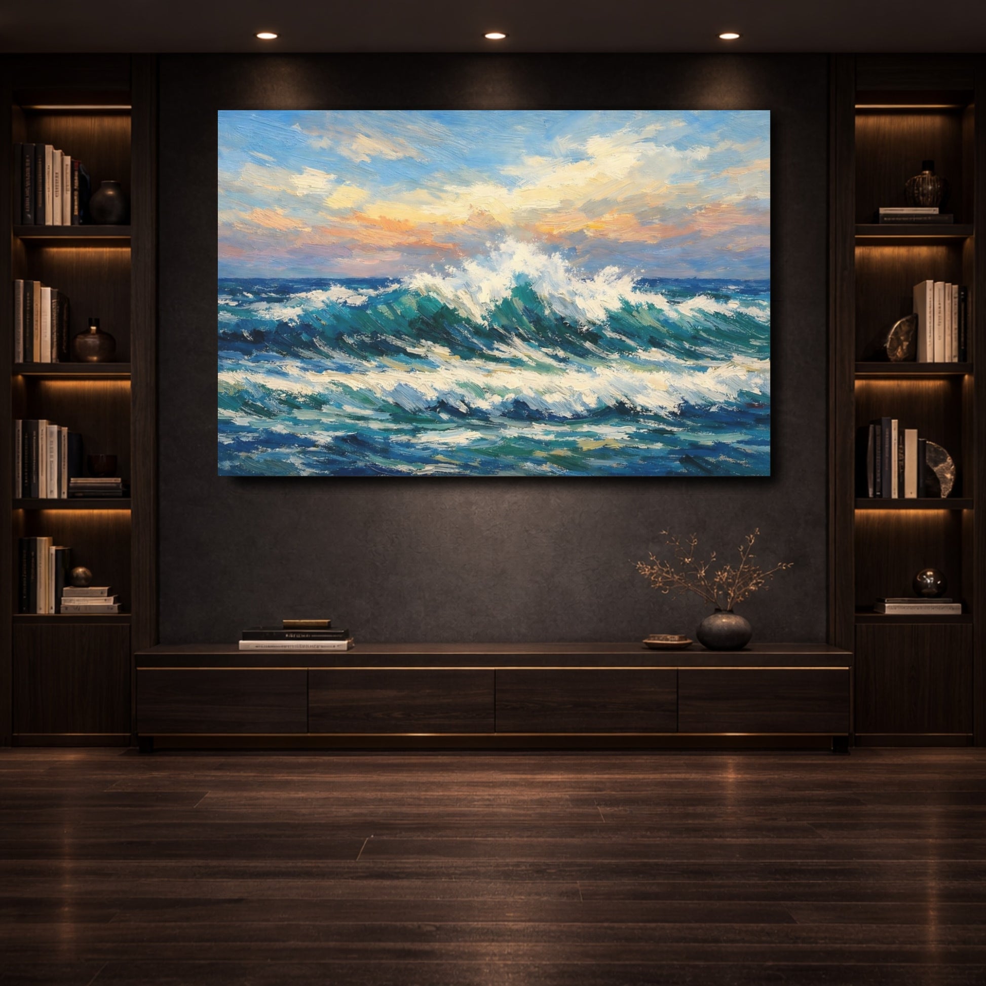 Mockup 3. Nature Ocean Waves Ocean Wave Sunset shown as stretched canvas wall art