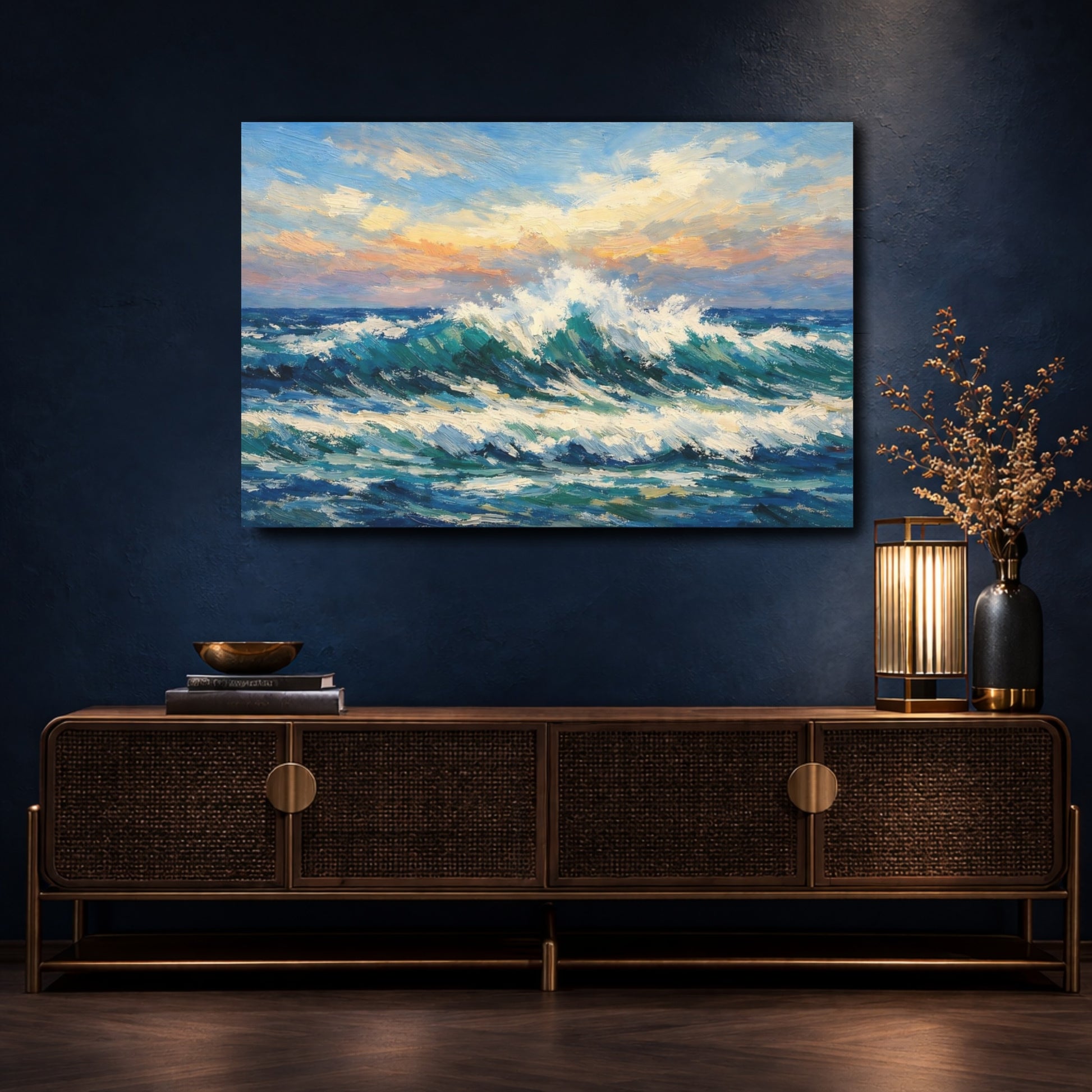 Mockup 4. Nature Ocean Waves Ocean Wave Sunset shown as stretched canvas wall art