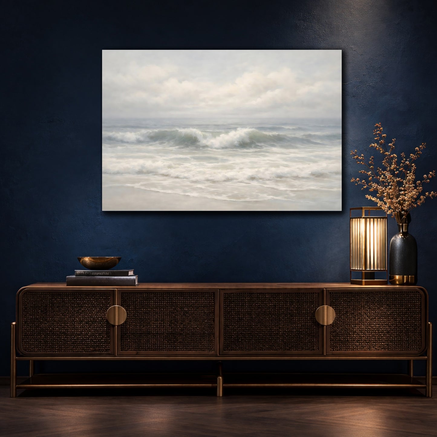 Mockup 4. Nature Ocean Waves Ocean Waves, Blue And White shown as stretched canvas wall art