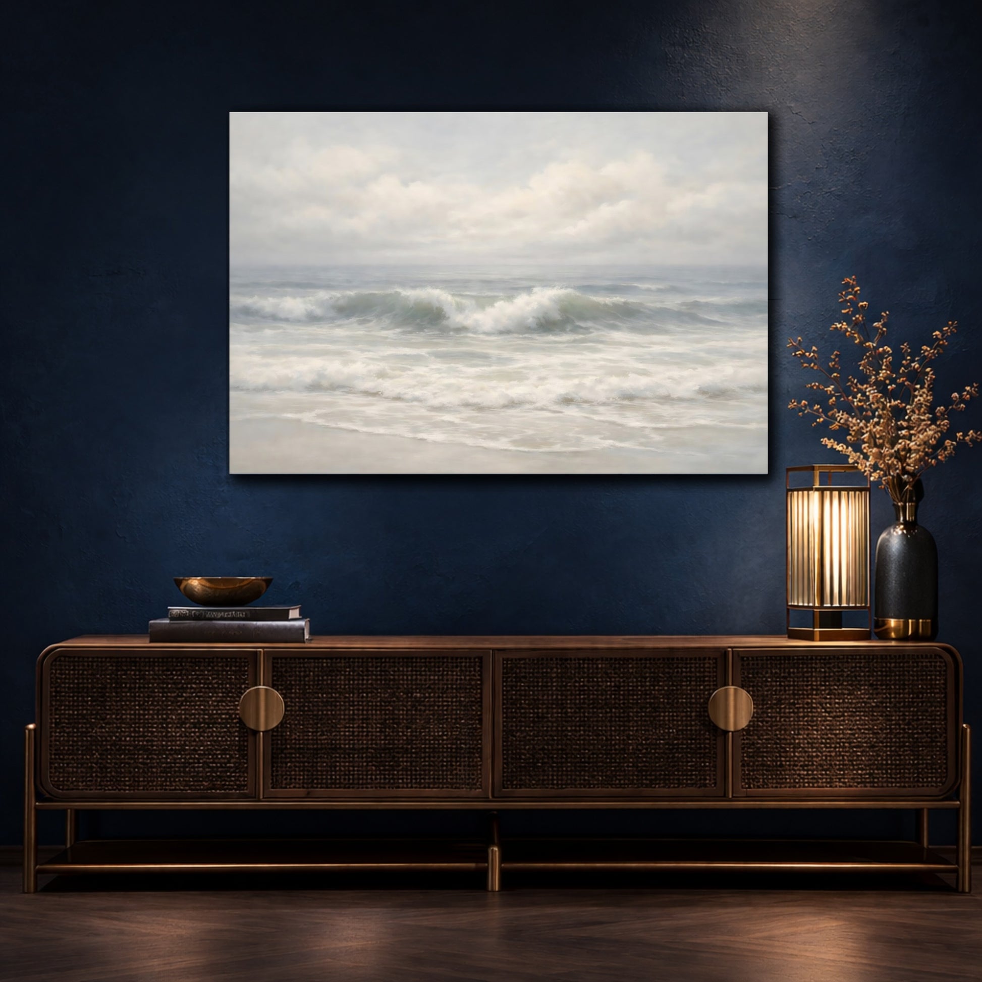 Mockup 4. Nature Ocean Waves Ocean Waves, Blue And White shown as stretched canvas wall art