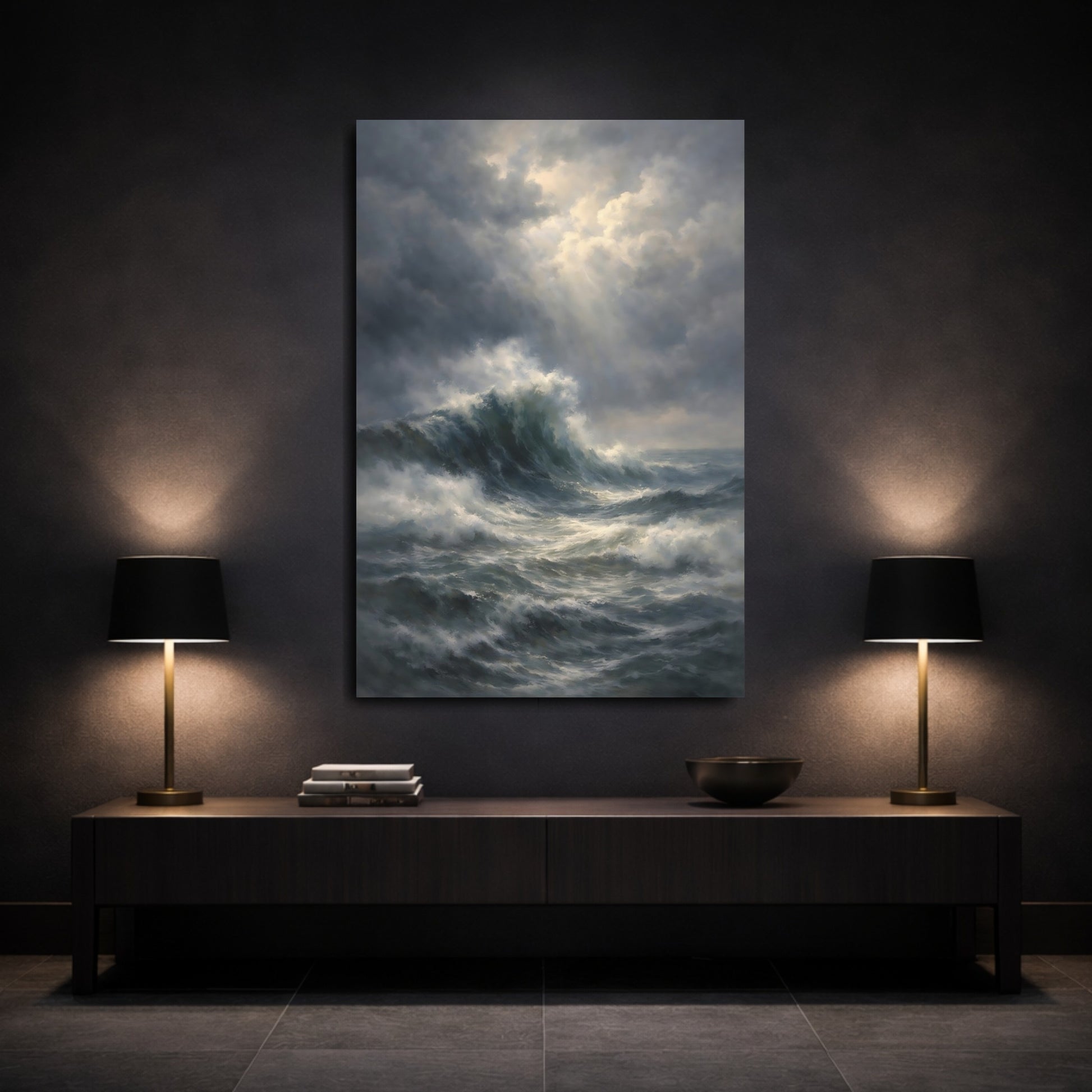 Mockup 2. Nature Ocean Waves Stormy Ocean shown as stretched canvas wall art