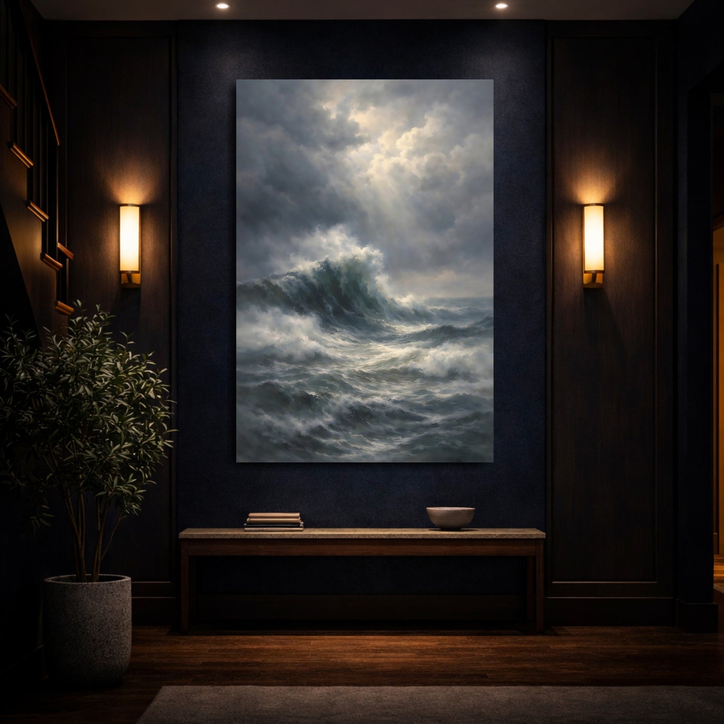 Mockup 3. Nature Ocean Waves Stormy Ocean shown as stretched canvas wall art