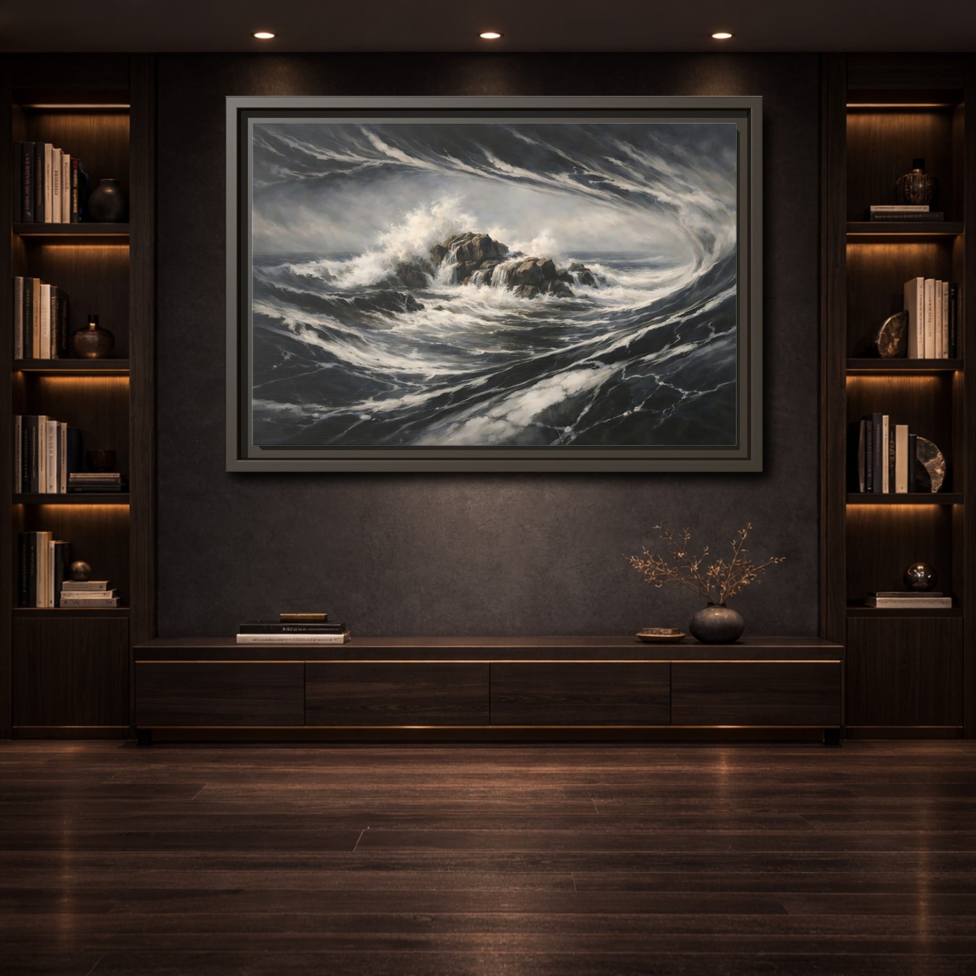 Mockup 3. Nature Ocean Waves Stormy Ocean shown as stretched canvas wall art