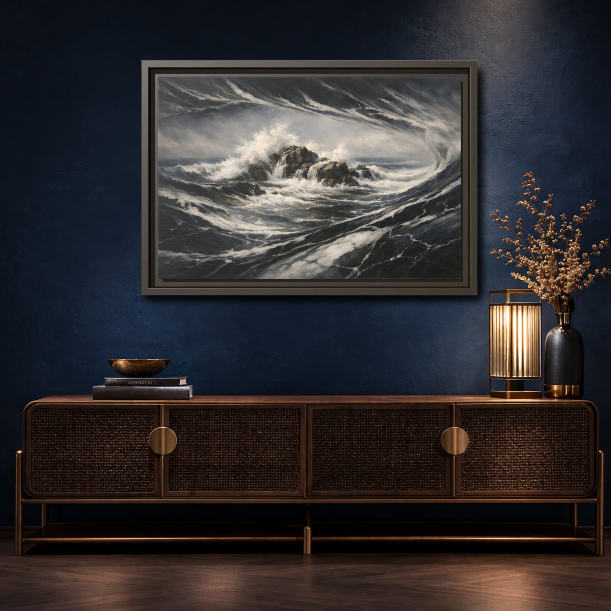 Mockup 4. Nature Ocean Waves Stormy Ocean shown as stretched canvas wall art