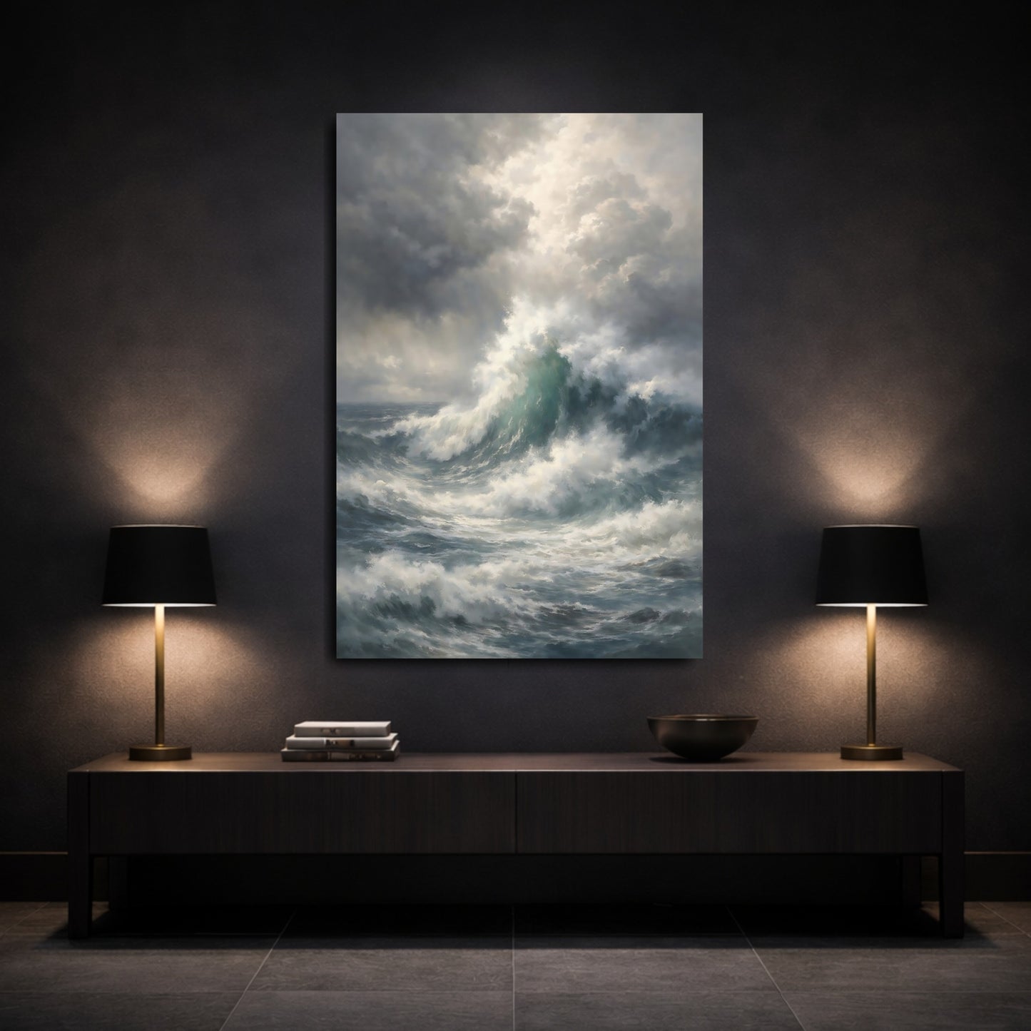 Mockup 2. Nature Ocean Waves Stormy Sea shown as stretched canvas wall art