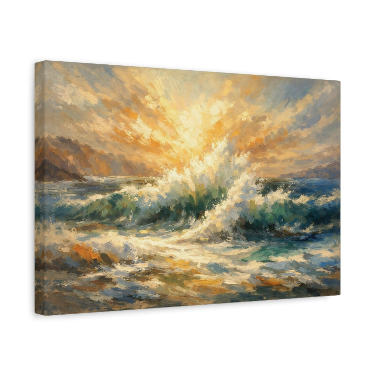 Side Mockup 4. Nature Ocean Waves Ocean Sunrise shown as stretched canvas wall art