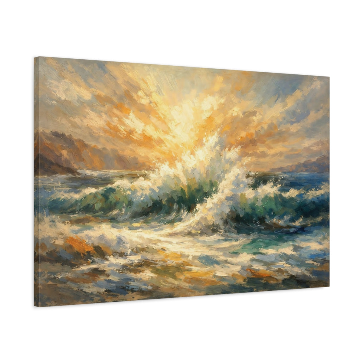 Side Mockup 1. Nature Ocean Waves Ocean Sunrise shown as stretched canvas wall art