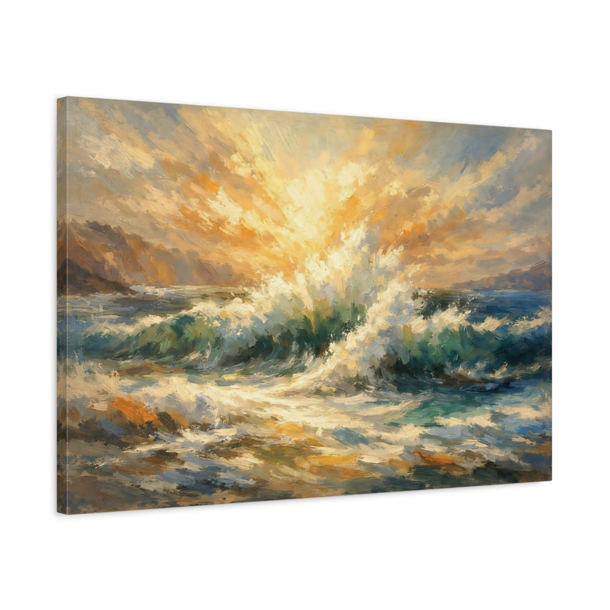 Side Mockup 2. Nature Ocean Waves Ocean Sunrise shown as stretched canvas wall art