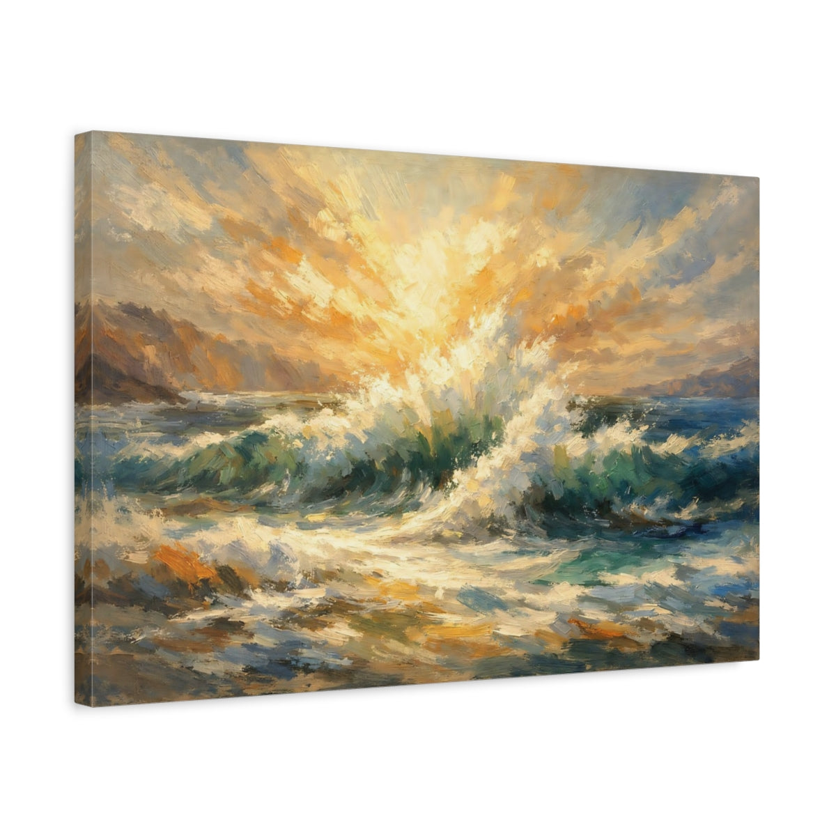 Side Mockup 3. Nature Ocean Waves Ocean Sunrise shown as stretched canvas wall art