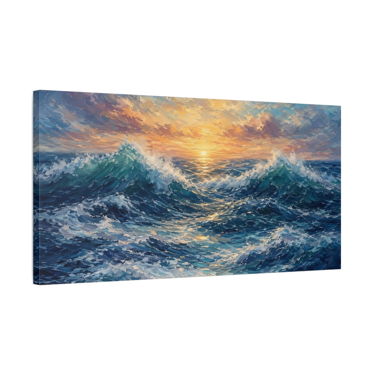 Side Mockup 1. Nature Ocean Waves Ocean Sunset shown as stretched canvas wall art