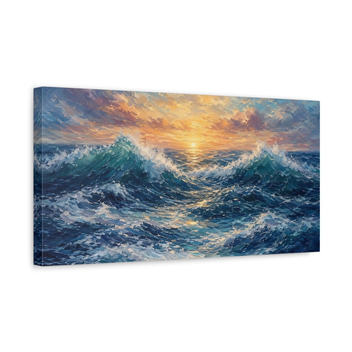Side Mockup 3. Nature Ocean Waves Ocean Sunset shown as stretched canvas wall art