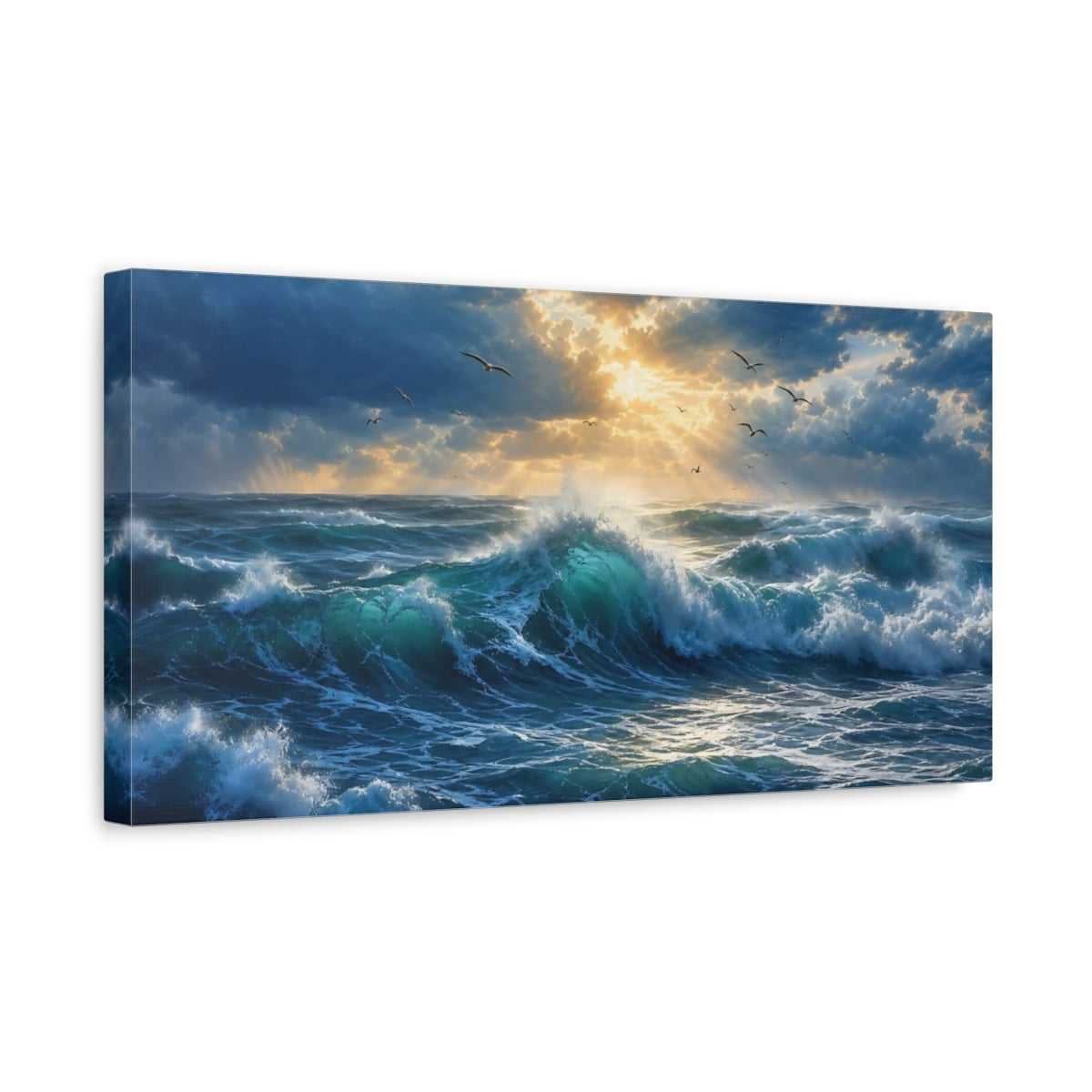 Side Mockup 3. Nature Ocean Waves Ocean Sunset Waves shown as stretched canvas wall art