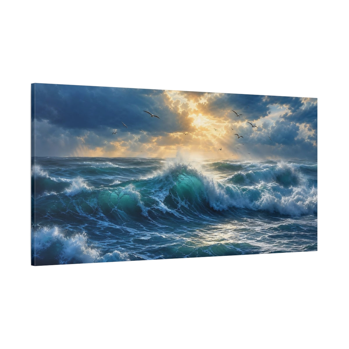 Side Mockup 2. Nature Ocean Waves Ocean Sunset Waves shown as stretched canvas wall art