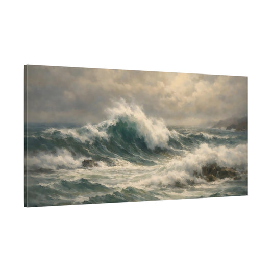 Main Mockup. Nature Ocean Waves Teal And Grey shown as stretched canvas wall art