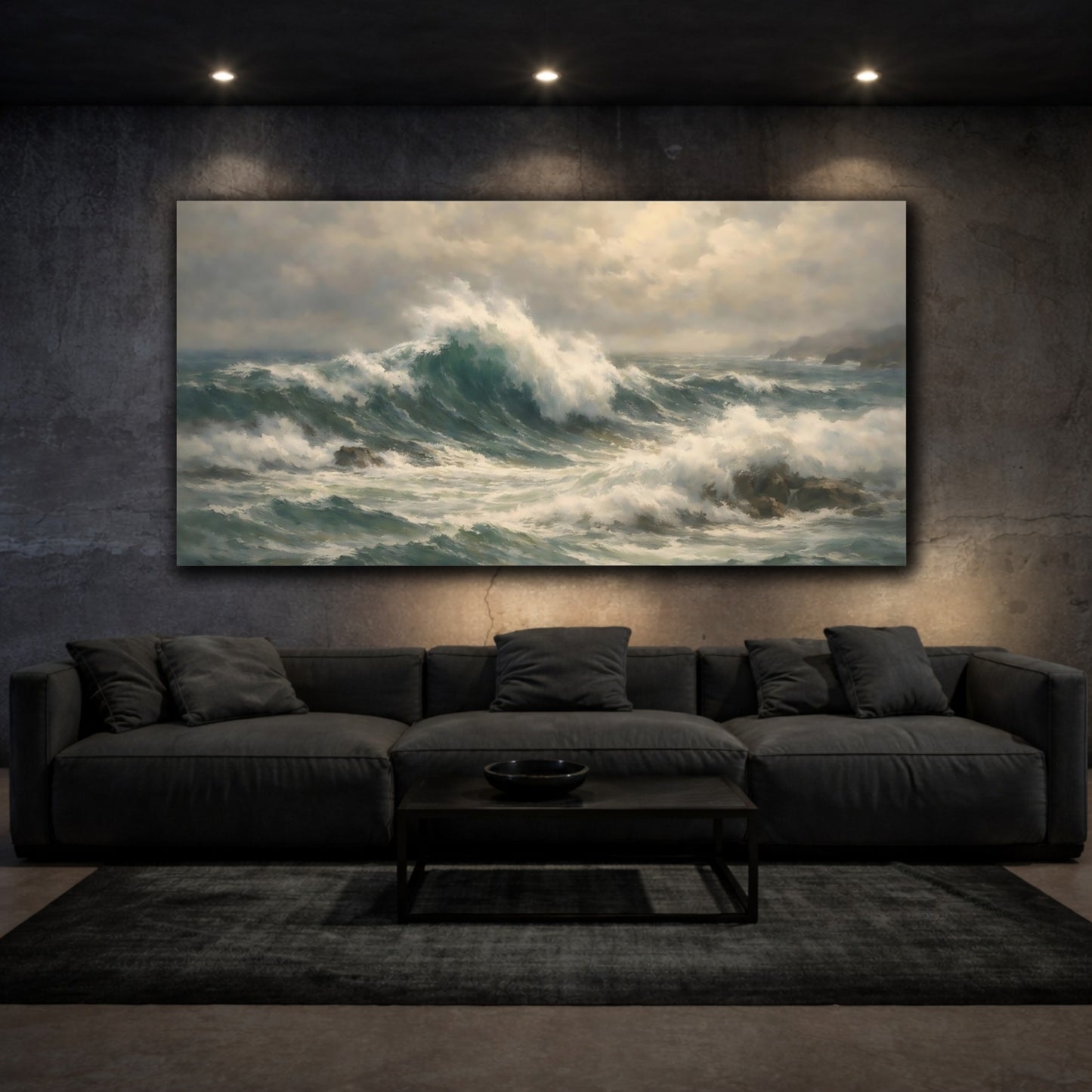 Mockup 2. Nature Ocean Waves Teal And Grey shown as stretched canvas wall art