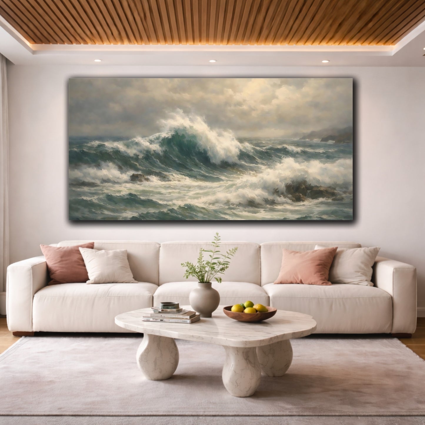 Mockup 3. Nature Ocean Waves Teal And Grey shown as stretched canvas wall art