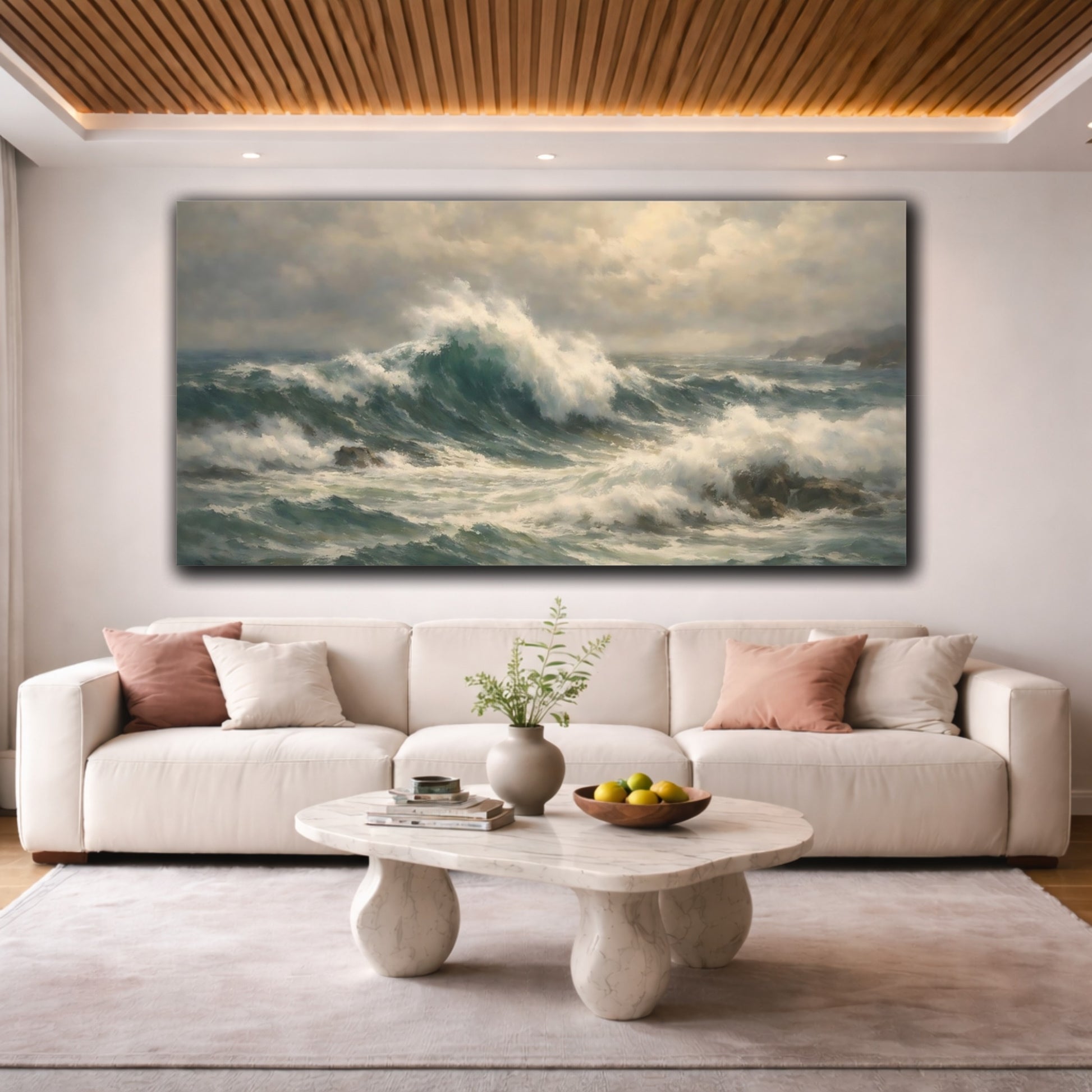 Mockup 3. Nature Ocean Waves Teal And Grey shown as stretched canvas wall art