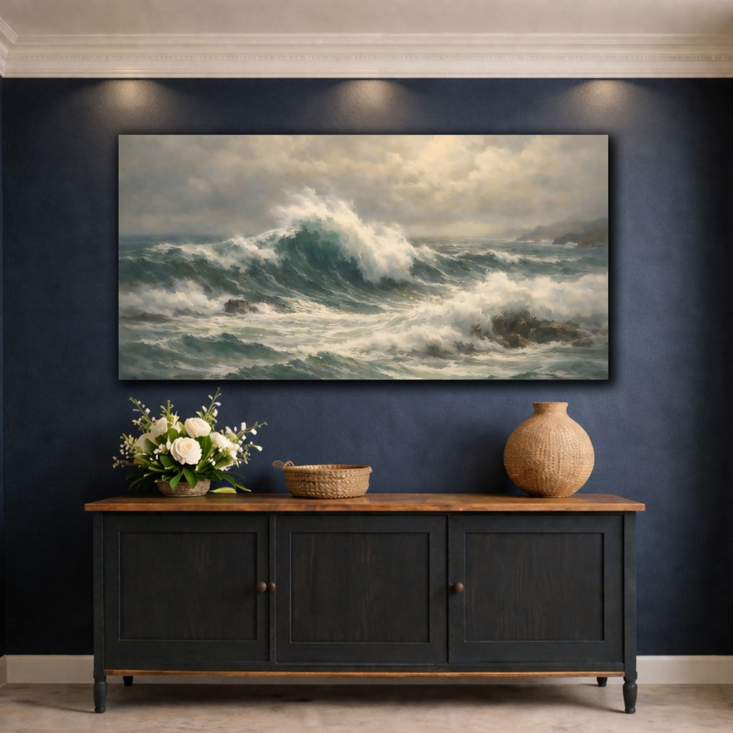 Mockup 4. Nature Ocean Waves Teal And Grey shown as stretched canvas wall art