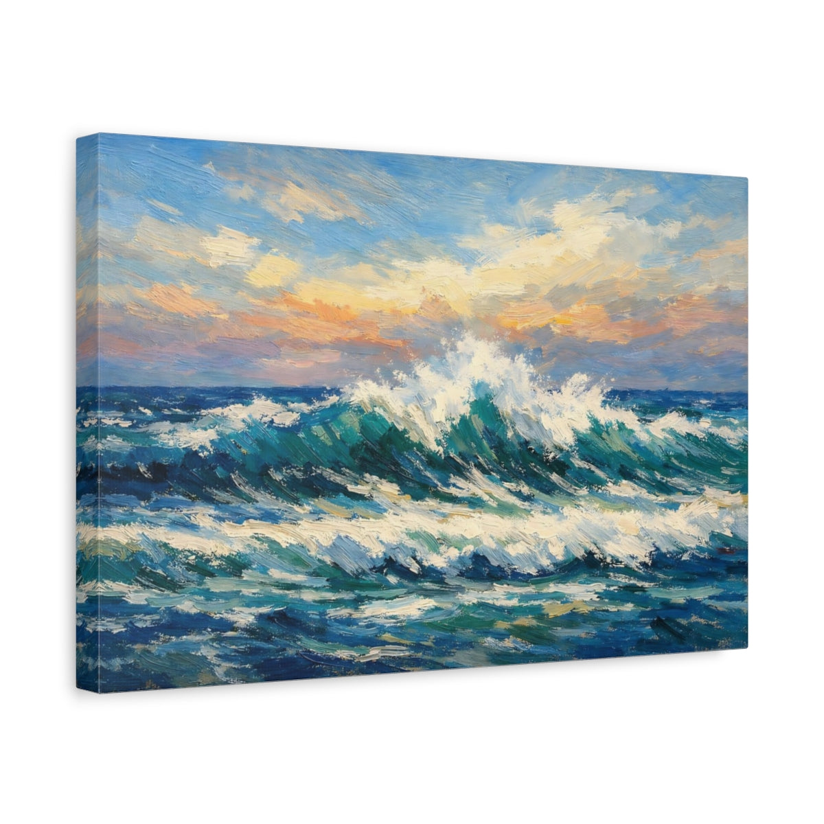 Side Mockup 4. Nature Ocean Waves Ocean Wave Sunset shown as stretched canvas wall art
