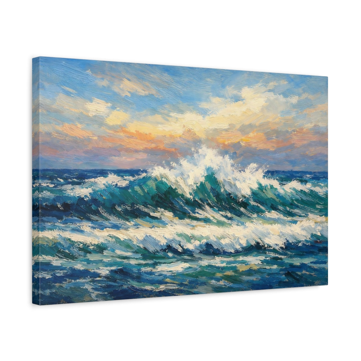 Side Mockup 3. Nature Ocean Waves Ocean Wave Sunset shown as stretched canvas wall art