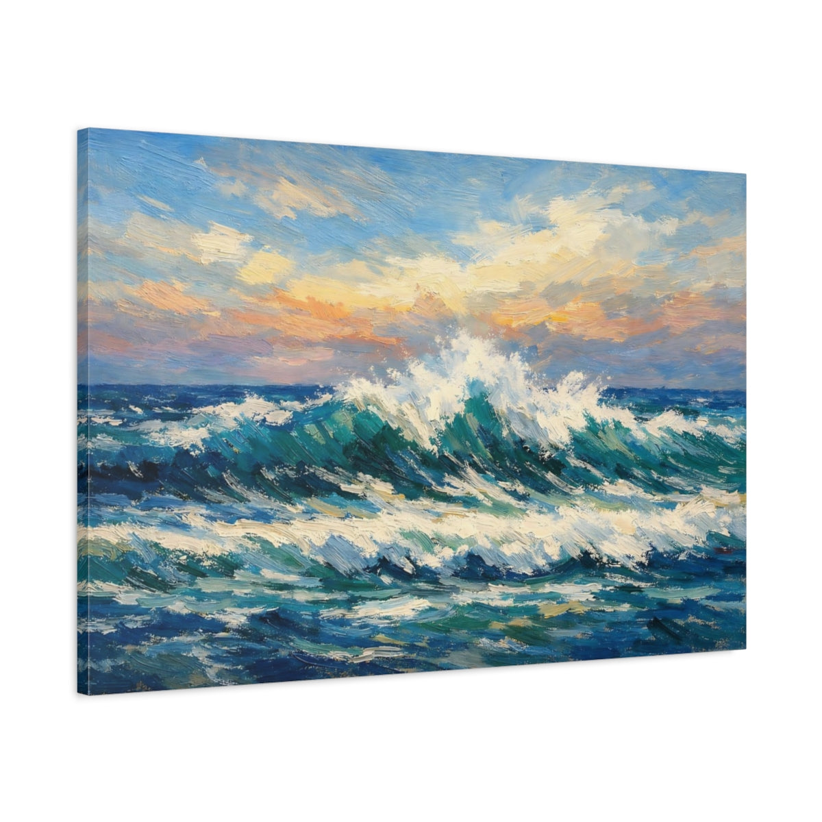 Side Mockup 1. Nature Ocean Waves Ocean Wave Sunset shown as stretched canvas wall art