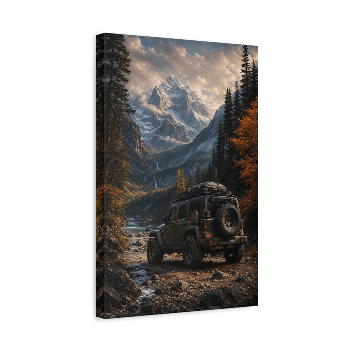 Side Mockup 4. Nature Off-Road Vehicle Green Off-Road Mountain shown as stretched canvas wall art